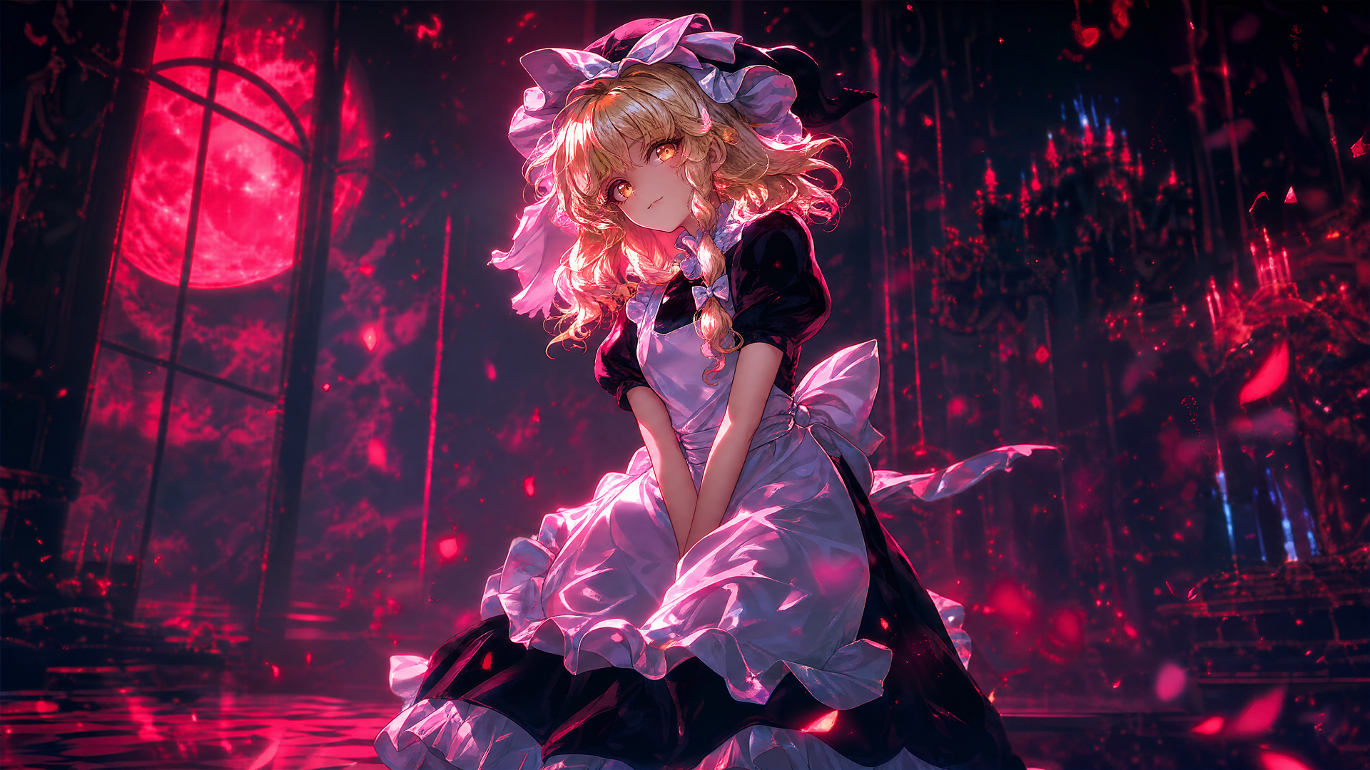 4K Ultra HD desktop wallpaper of Remilia Scarlet from Touhou Koumakyou: New Classic, The Embodiment of Scarlet Devil — a gothic maid in frilled dress bathed in crimson moonlight and chandeliers