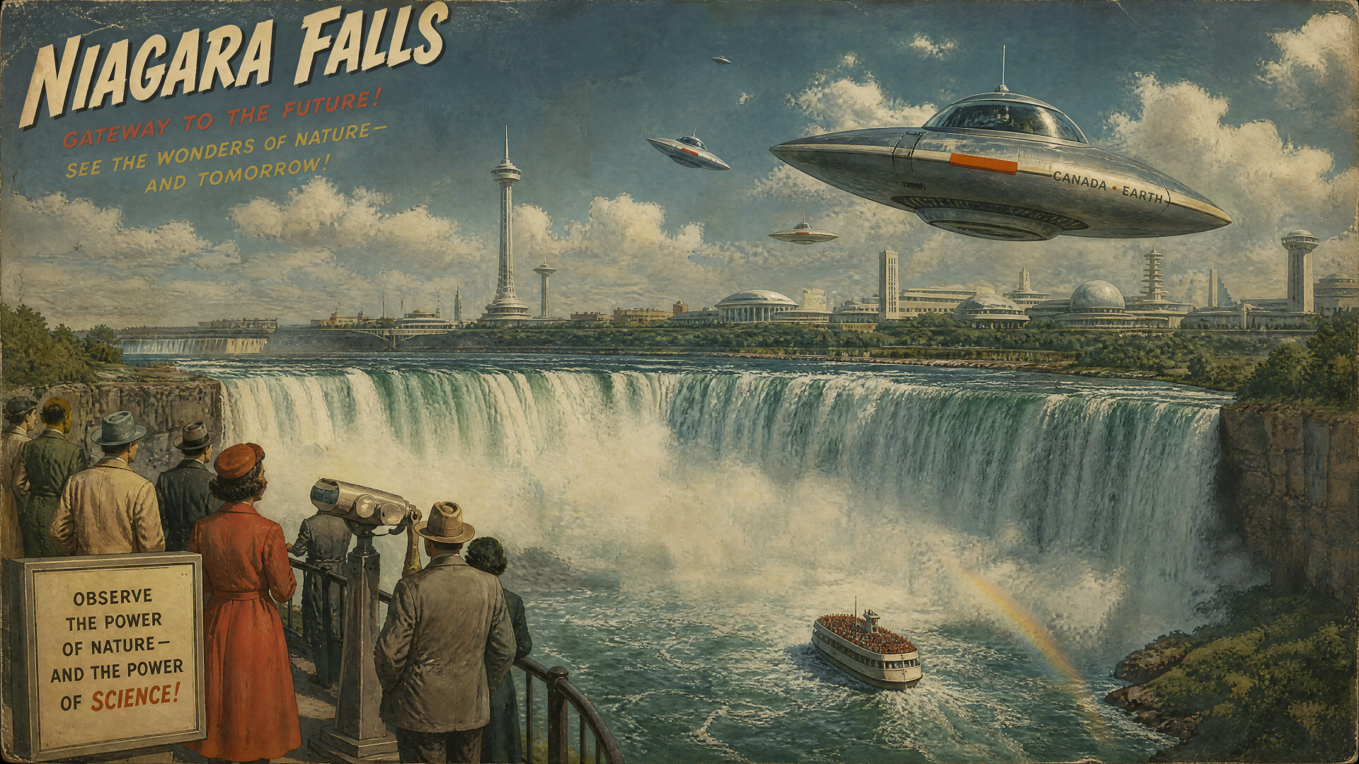 Niagara Falls in a retro‑futuristic 4K Ultra HD PC desktop wallpaper and background: roaring cascades, a tour boat, onlookers at the rail, and flying saucers above the skyline.