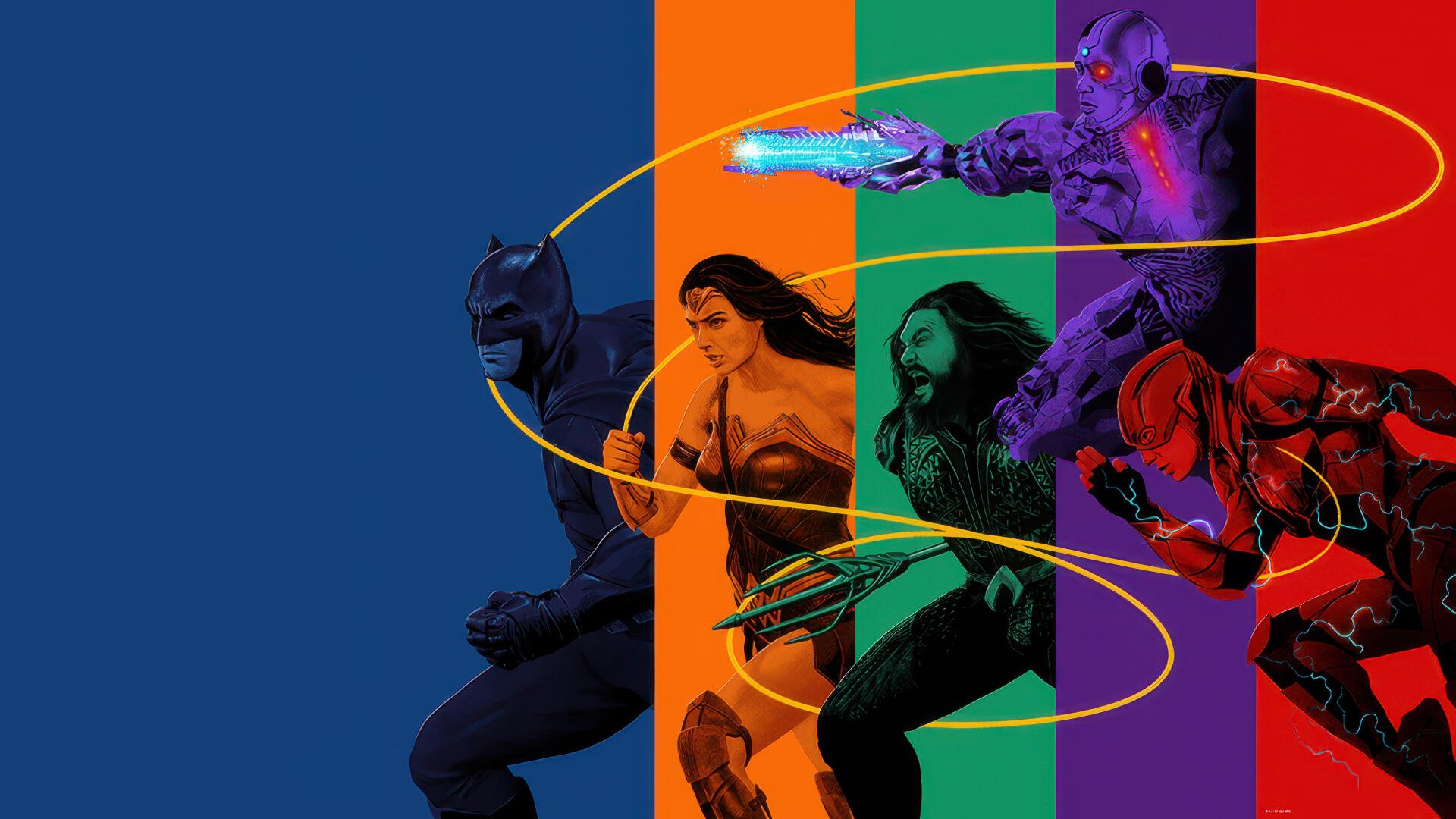 Zack Snyder's Justice League 4K Ultra HD PC desktop wallpaper: stylized silhouettes of Batman, Wonder Woman, Aquaman, Cyborg and Flash across colorful vertical panels.