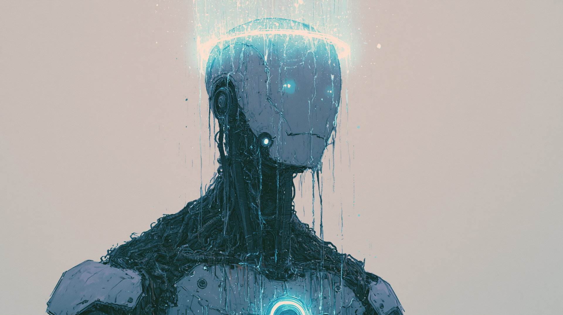 Sci-fi robot portrait with dripping circuitry and a glowing chest core, moody palette — 2K Quad HD PC desktop wallpaper and background.