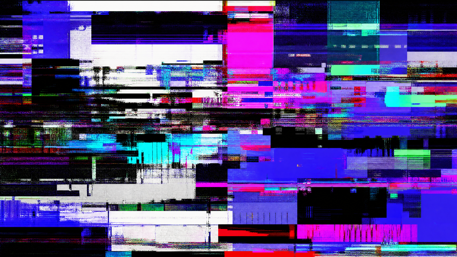 Glitchcore 4K Ultra HD PC desktop wallpaper and background: neon pink, cyan, blue and black digital distortion - fragmented pixel bands, static blocks and horizontal scan lines.