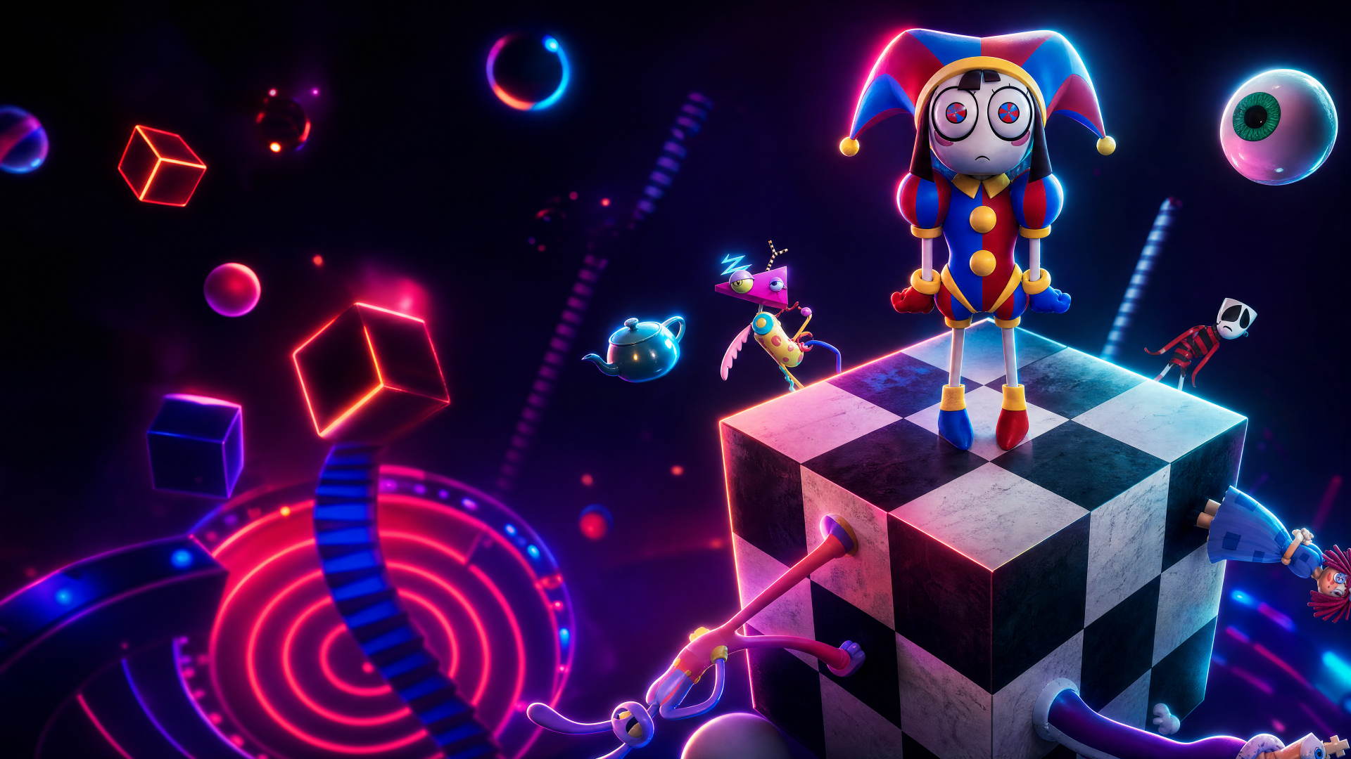 4K Ultra HD PC desktop wallpaper of The Amazing Digital Circus: neon jester puppet atop a floating black-and-white checker cube, surrounded by glowing geometric shapes and swirling neon orbs.