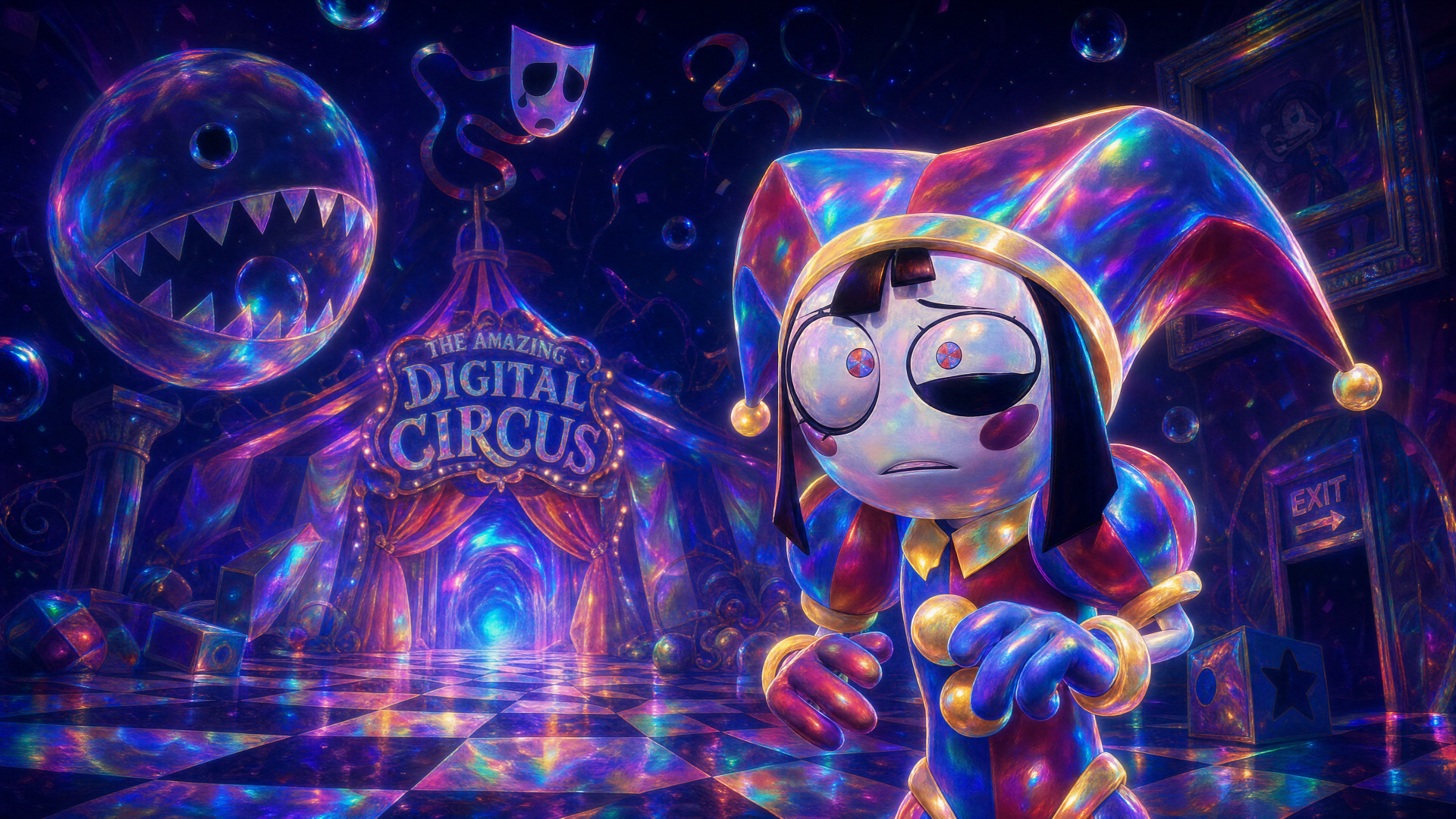 The Amazing Digital Circus 4K Ultra HD PC desktop wallpaper shows a holographic jester character in a neon carnival hall with floating orbs, masks and a checkerboard floor.