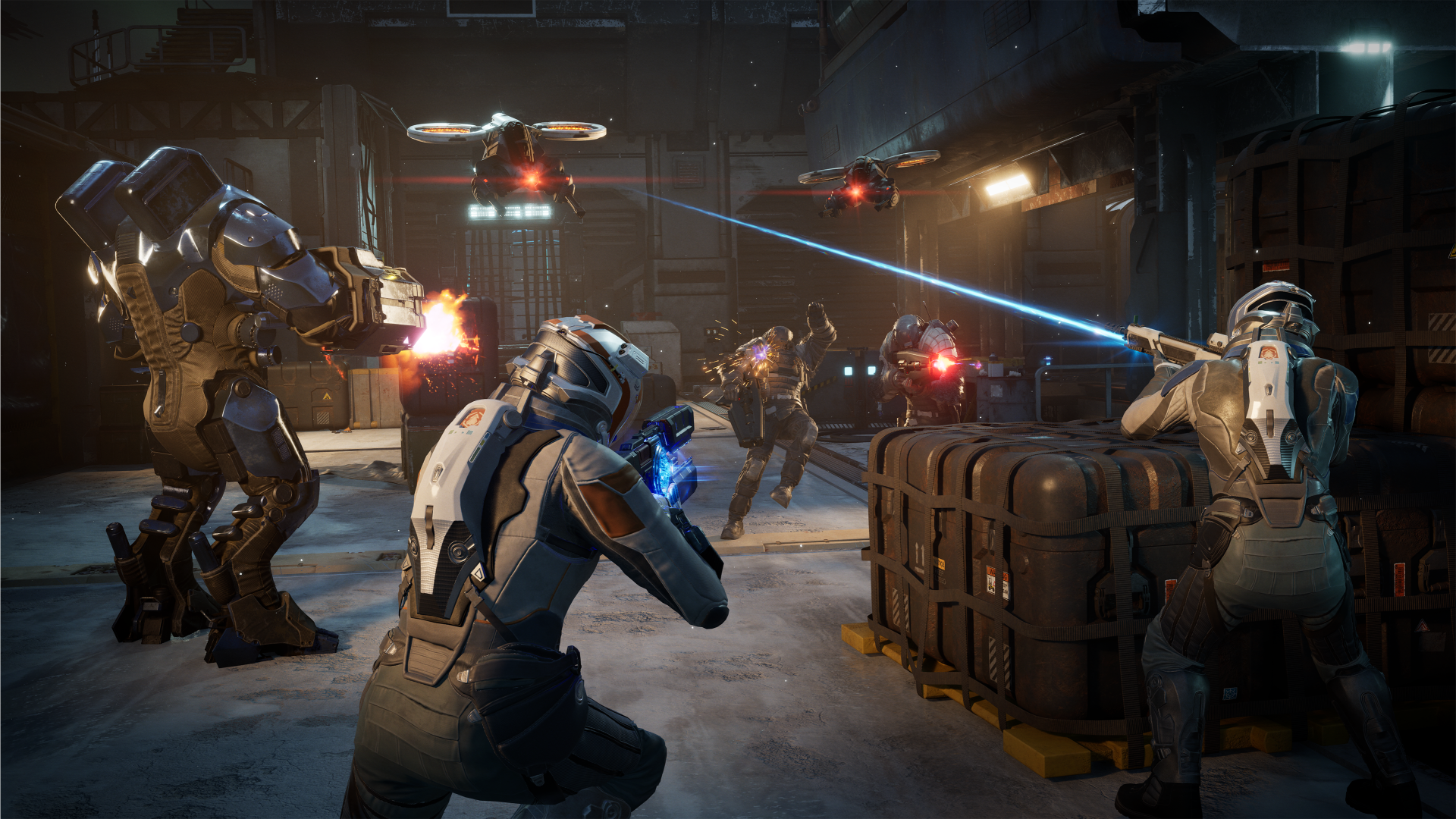 Exodus (2027 Video Game) 4K Ultra HD PC desktop wallpaper: armored soldiers exchange laser fire with hovering drones inside a dim industrial hangar, sparks and crates litter the battlefield.