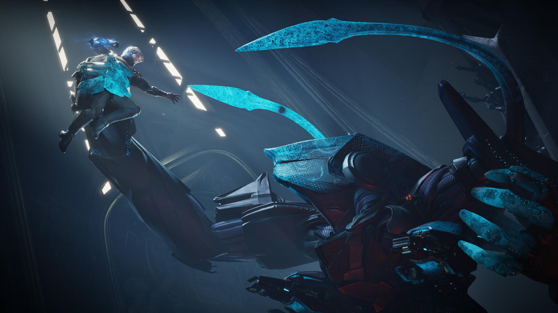 4K Ultra HD PC desktop wallpaper from the video game Exodus (2027): armored combatant leaps toward a giant glowing blue, crab-like mech in a dark sci‑fi chamber.