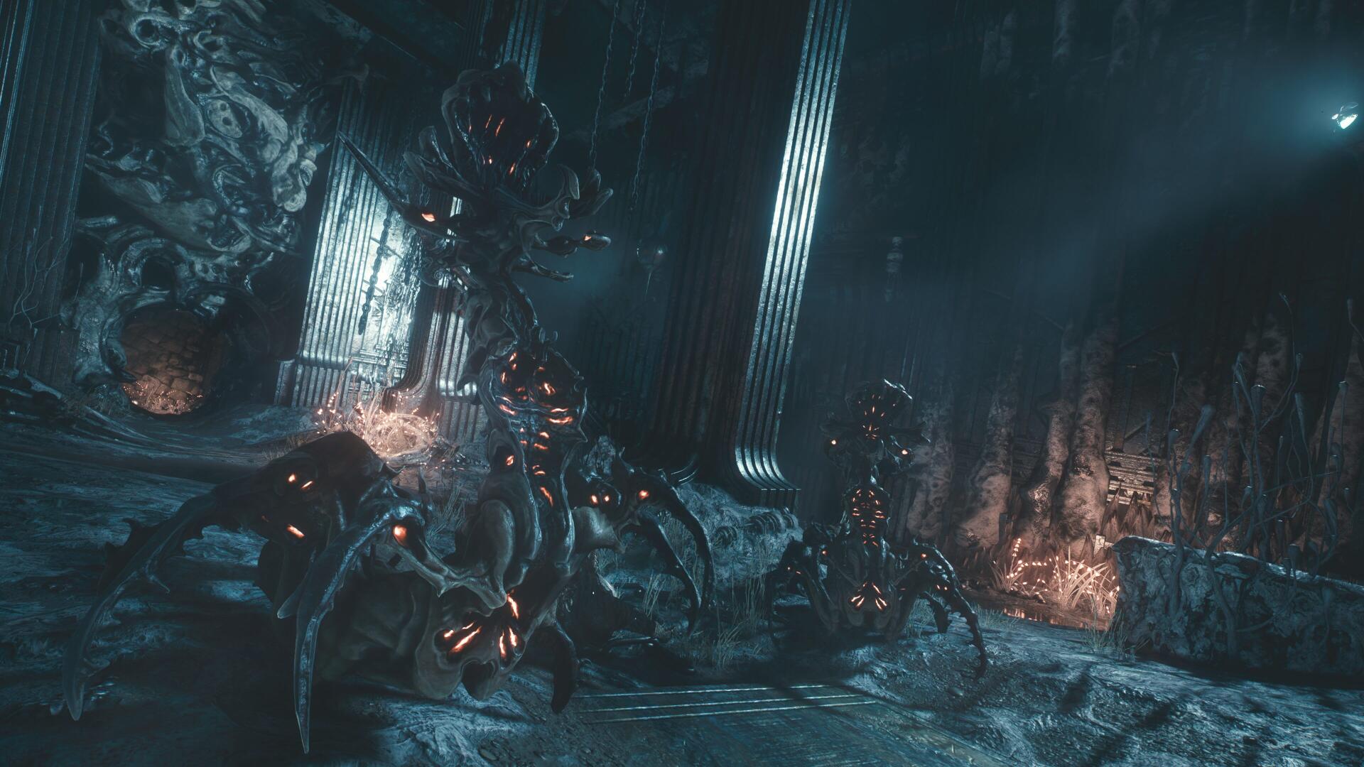 4K Ultra HD PC desktop wallpaper/background from the video game Soulframe: a dark cavern lit in teal with glowing, spider-like mechanical enemies prowling among ancient pillars.