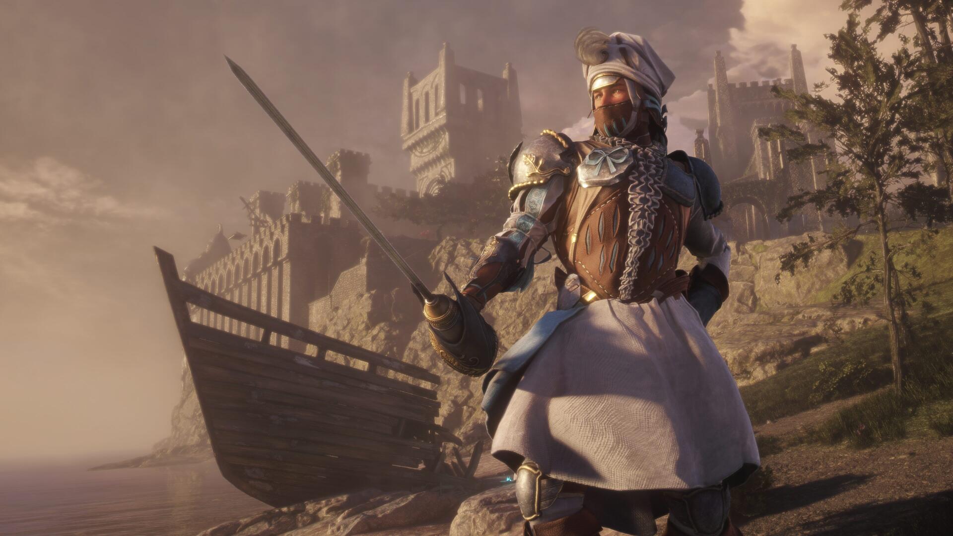 Soulframe video game 4K Ultra HD PC desktop wallpaper/background: armored, turbaned warrior with sword stands on a misty shore before a beached longship and crumbling castle at dawn.