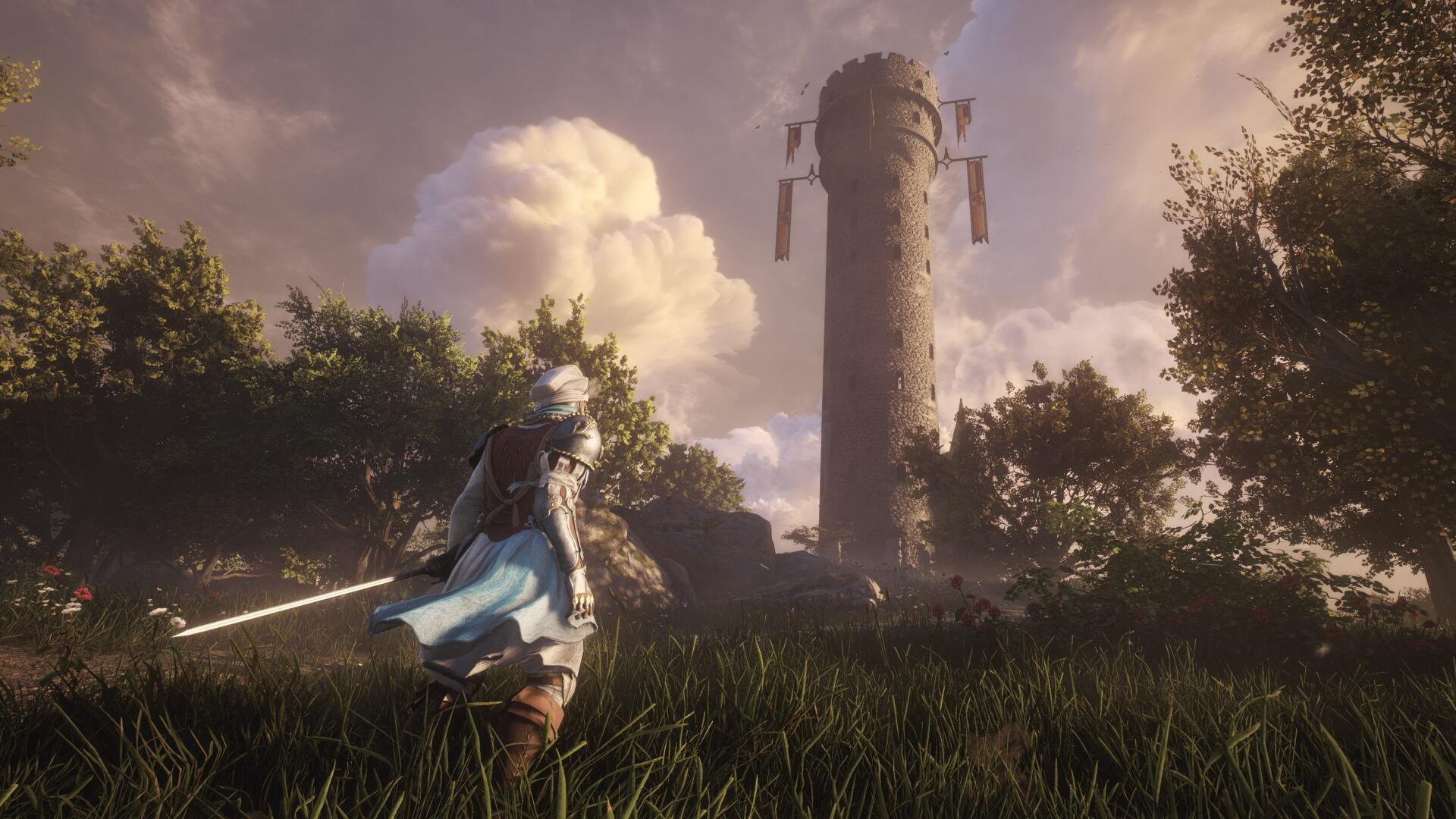 Soulframe video game 4K Ultra HD PC desktop wallpaper/background: armored warrior with glowing sword in tall grass gazes toward a crumbling tower beneath dramatic clouds.