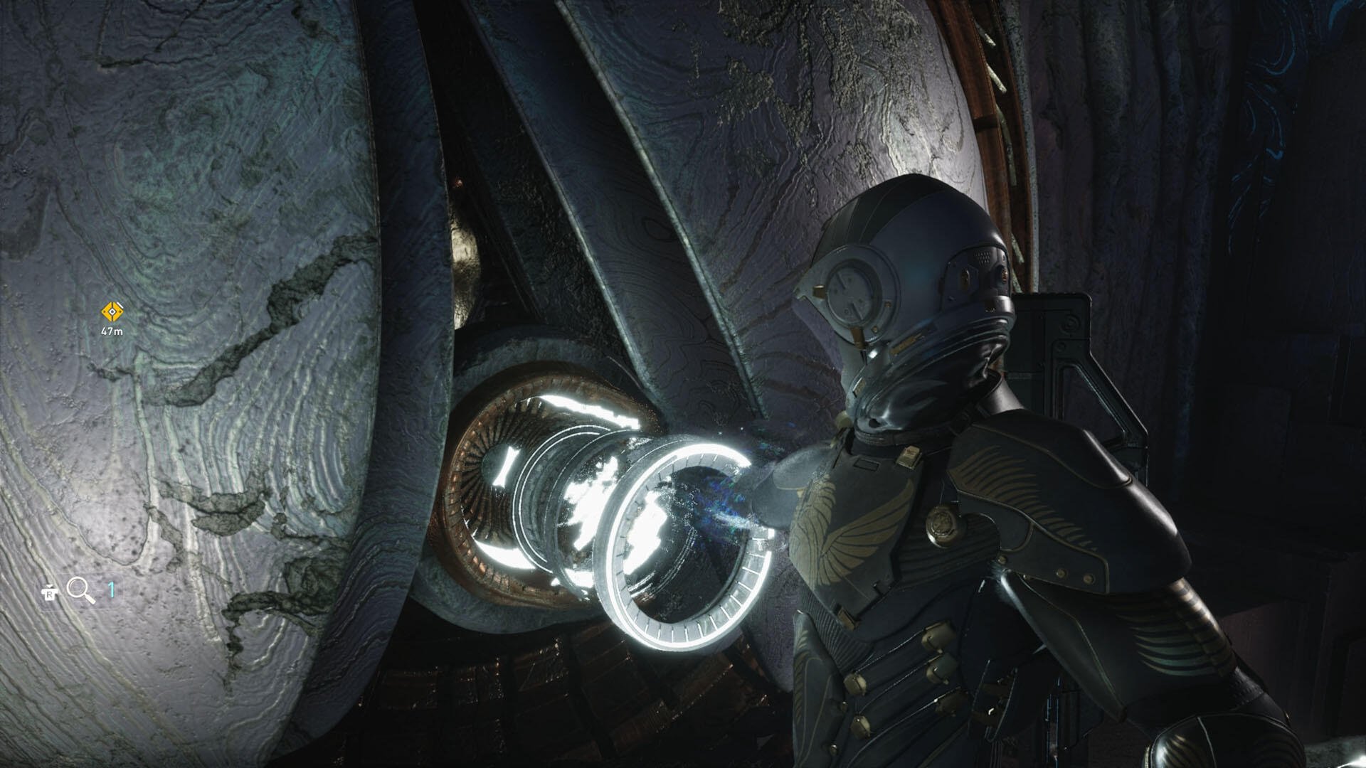 HD PC desktop wallpaper from video game Exodus (2027): armored astronaut in a dark suit inspects a glowing circular device set against a textured metallic wall.