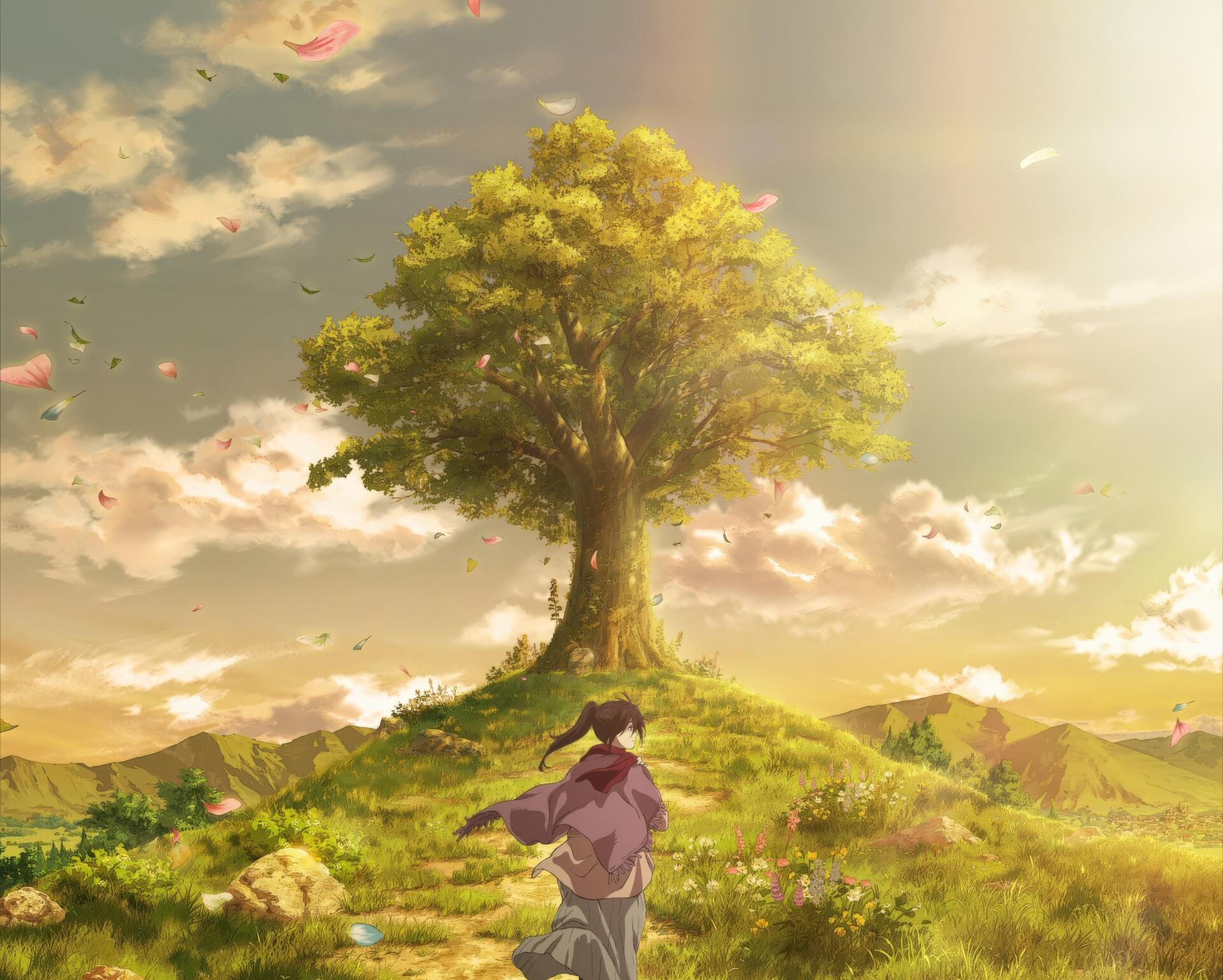 Anime — Attack on Titan 2K Quad HD PC wallpaper: cloaked figure at the base of a towering tree on a sunlit hill, petals drifting across a golden sky.