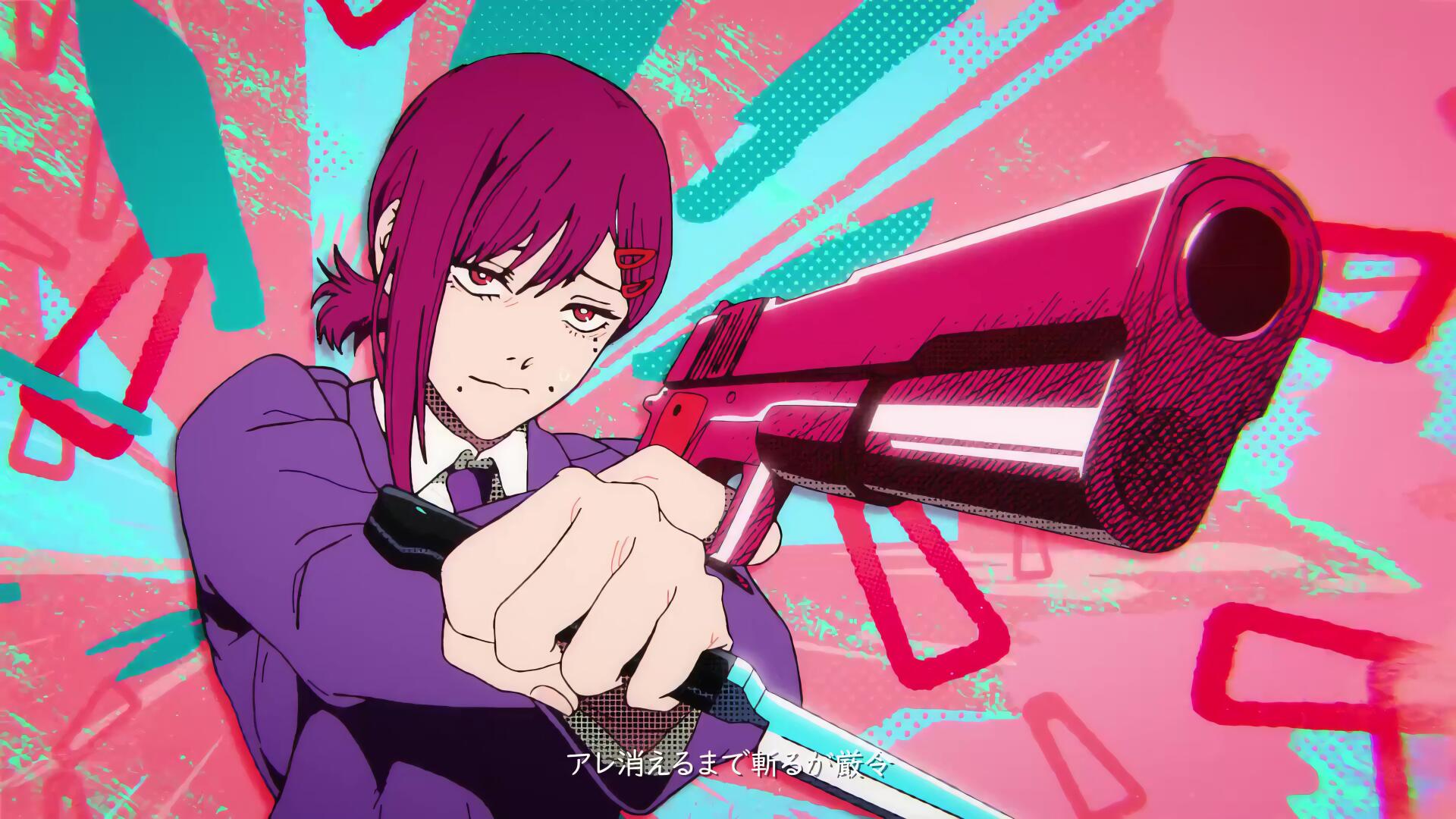 Anime — Kobeni Higashiyama from Chainsaw Man aims a large handgun against a vibrant pink and teal burst — 4K Ultra HD PC desktop wallpaper background.