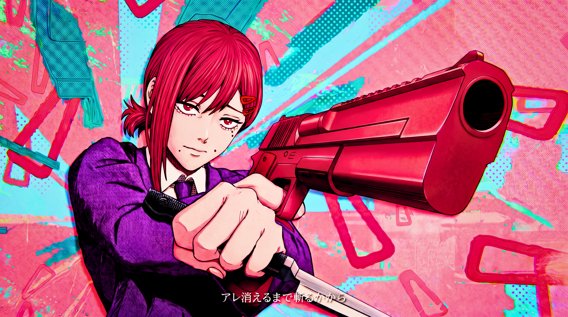 Kobeni Higashiyama from Chainsaw Man Mobile Game, anime waifu aiming a giant red shotgun against vibrant neon patterns — 5K Ultra HD PC desktop wallpaper background.