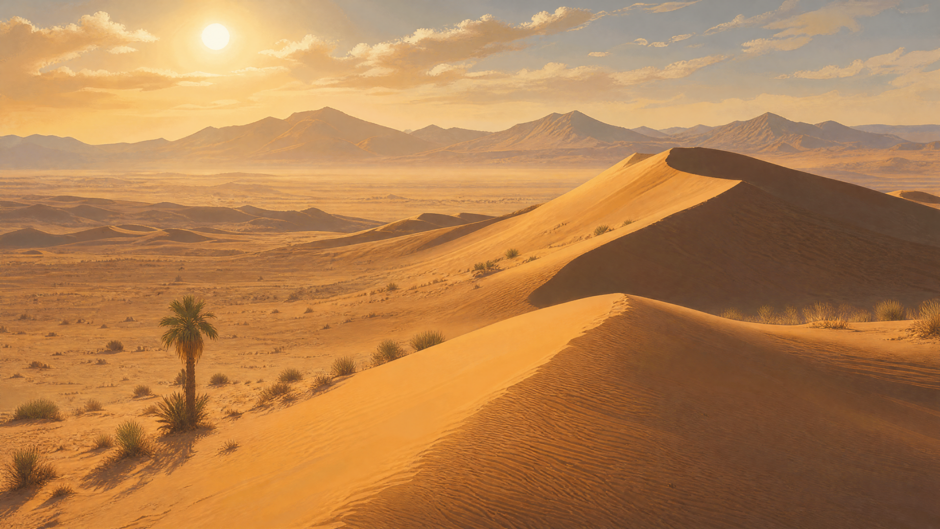 Sahara sand dunes bathed in golden sunset, a lone palm and distant mountains — 4K Ultra HD PC Desktop Wallpaper and Background.