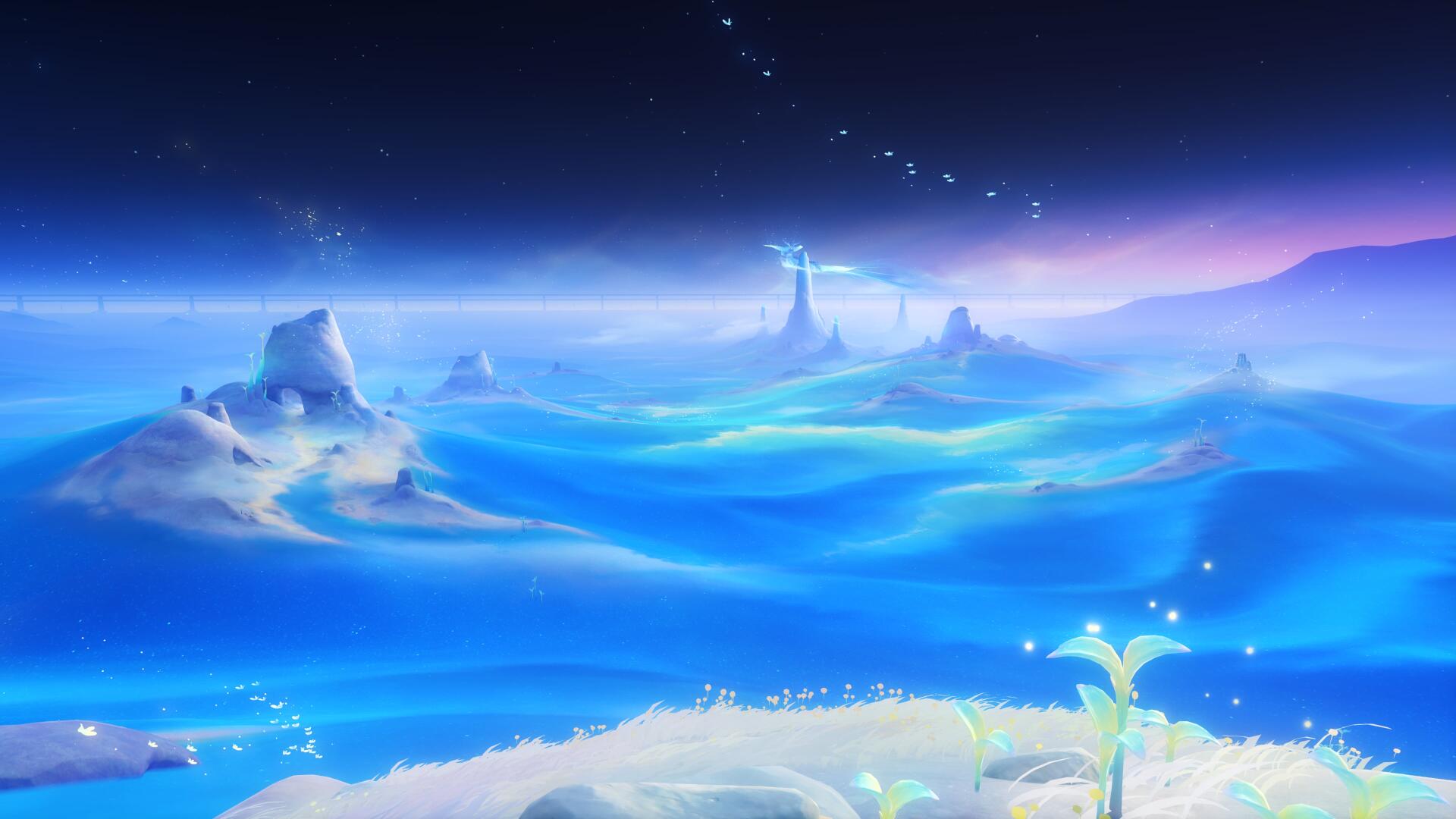 4K Ultra HD PC desktop wallpaper of Genshin Impact Luna VIII: stylized moonlit seascape with glowing blue waves, distant spire, and delicate foreground flora in serene video game art.