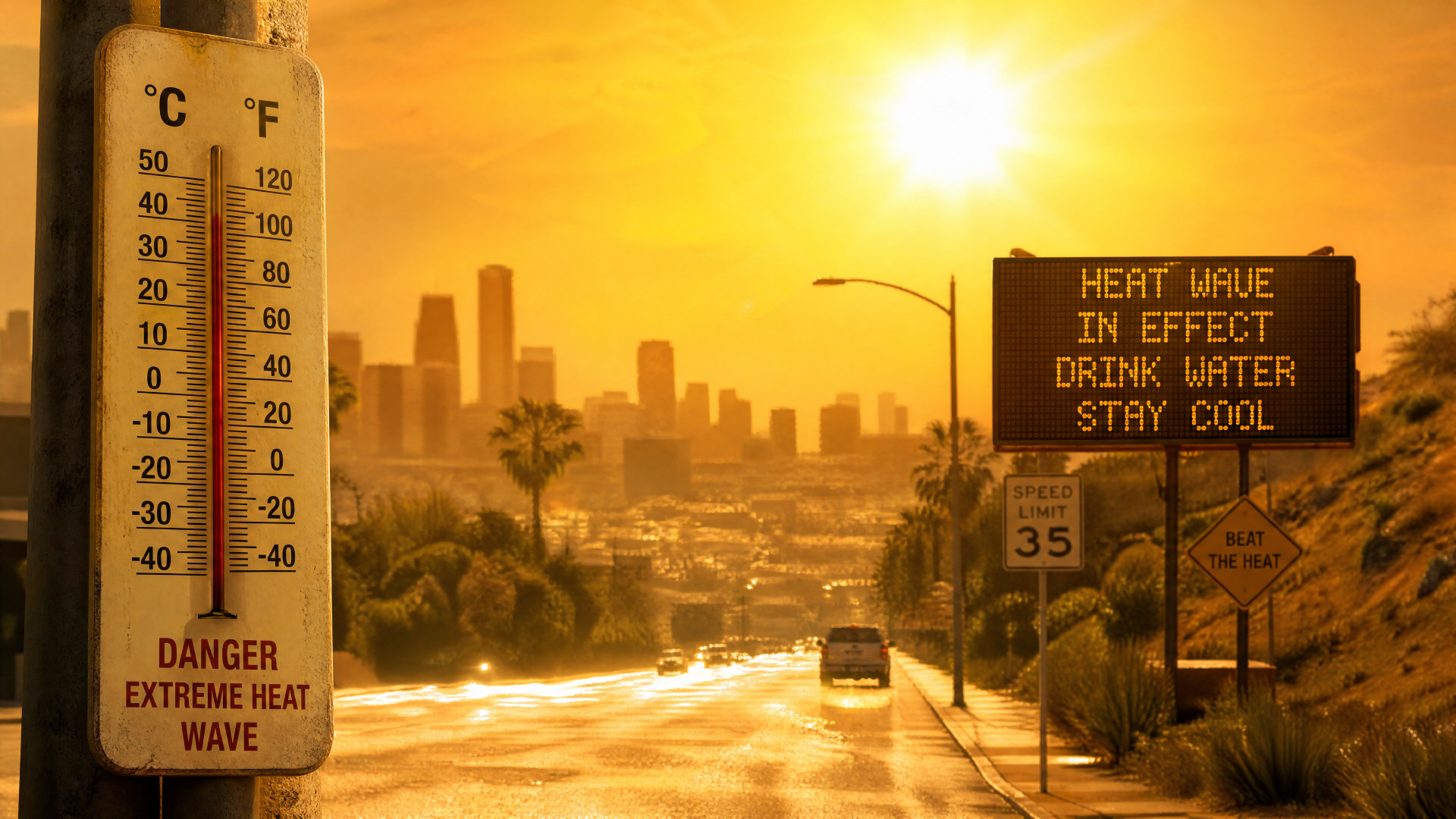 4K Ultra HD PC desktop wallpaper/background: summer city street in a heatwave; thermometer shows extreme heat and a digital sign warns HEAT WAVE IN EFFECT — DRINK WATER, STAY COOL.