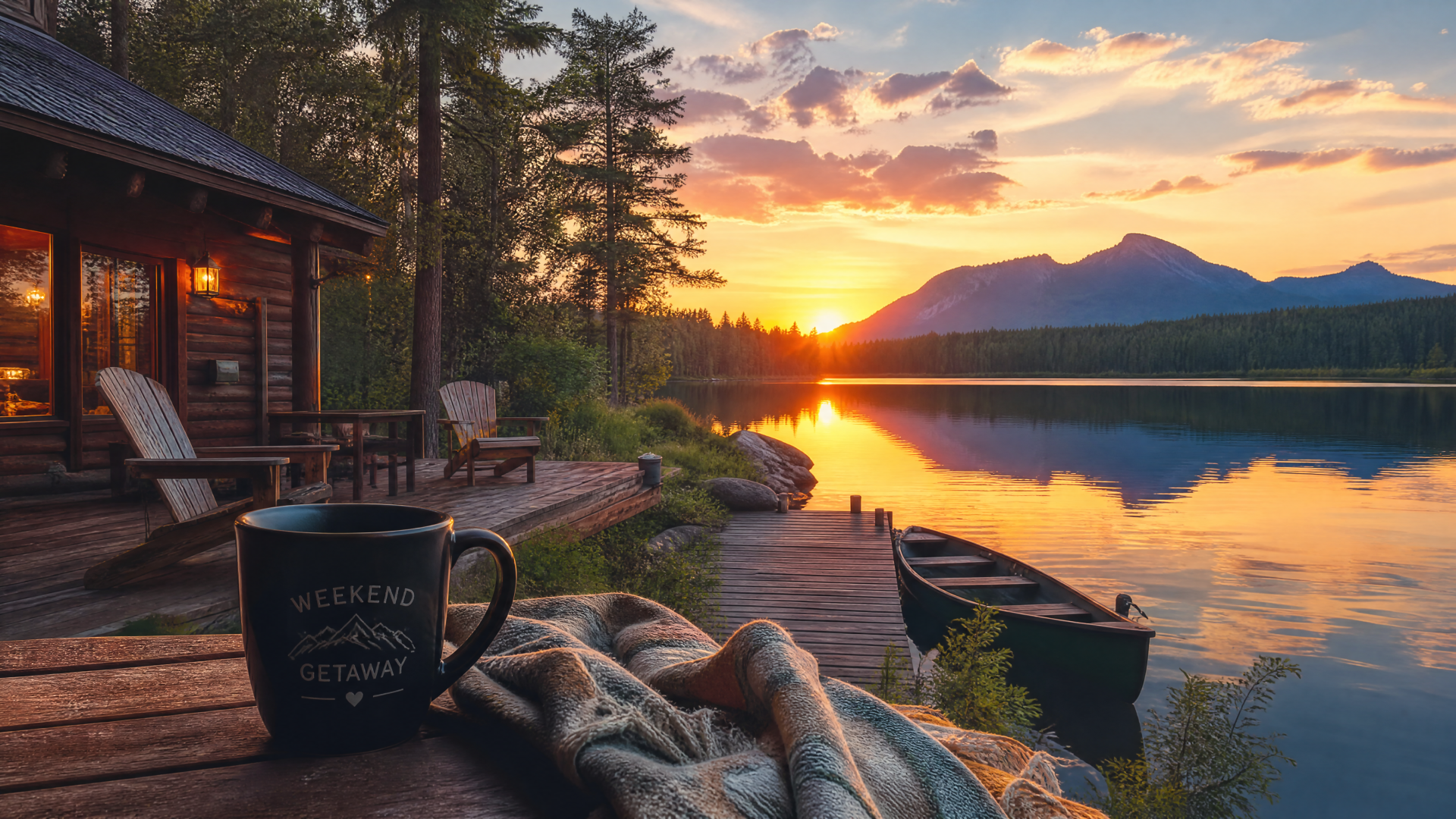 Weekend getaway — 4K Ultra HD PC desktop wallpaper and background: sunset over a tranquil lake with a cabin, wooden dock, canoe, blanket and mug reflecting on glassy water and distant mountains.