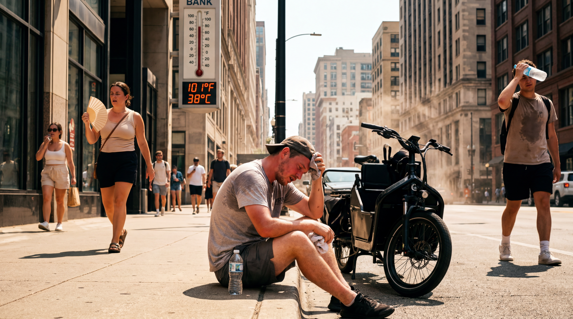 Heatwave — 5K Ultra HD PC Desktop Wallpaper and Background: sweltering city street, exhausted man sitting by a motorcycle, steam rising and a digital heat readout.