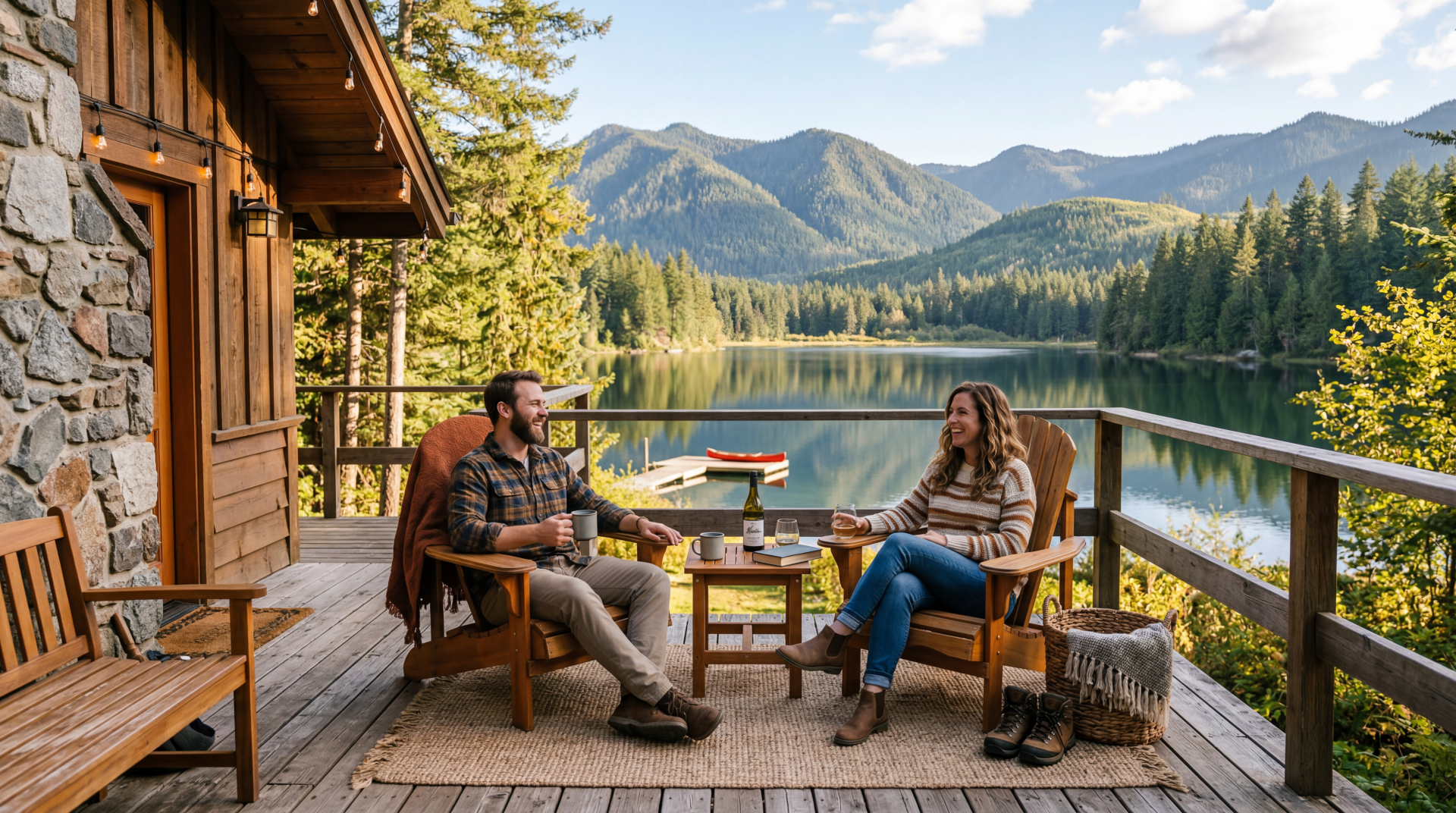 Couple on a rustic cabin deck by a mountain lake, enjoying a weekend getaway — 5K Ultra HD PC desktop wallpaper and background.