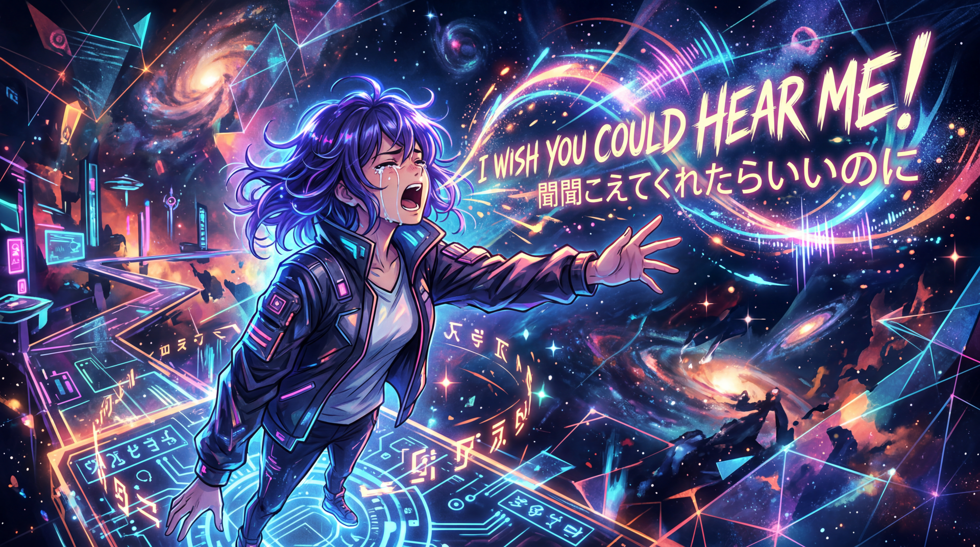 5K Ultra HD PC wallpaper: crying anime figure in neon cyberpunk space, reaching out beneath glowing text I wish you could hear me.