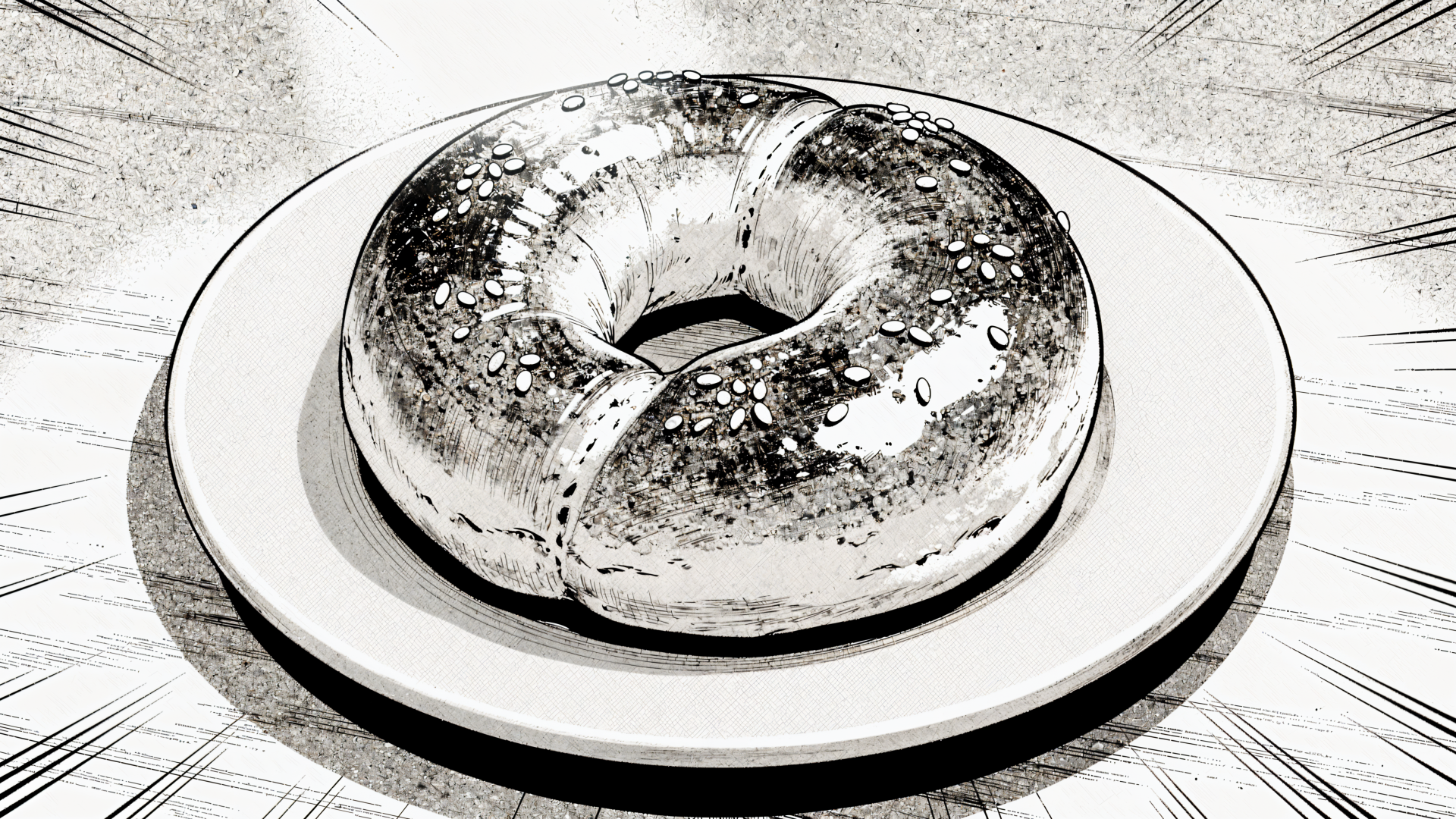 Monochrome sketch of a sesame bagel on a plate with radiating ink lines — 4K Ultra HD PC desktop wallpaper and background.
