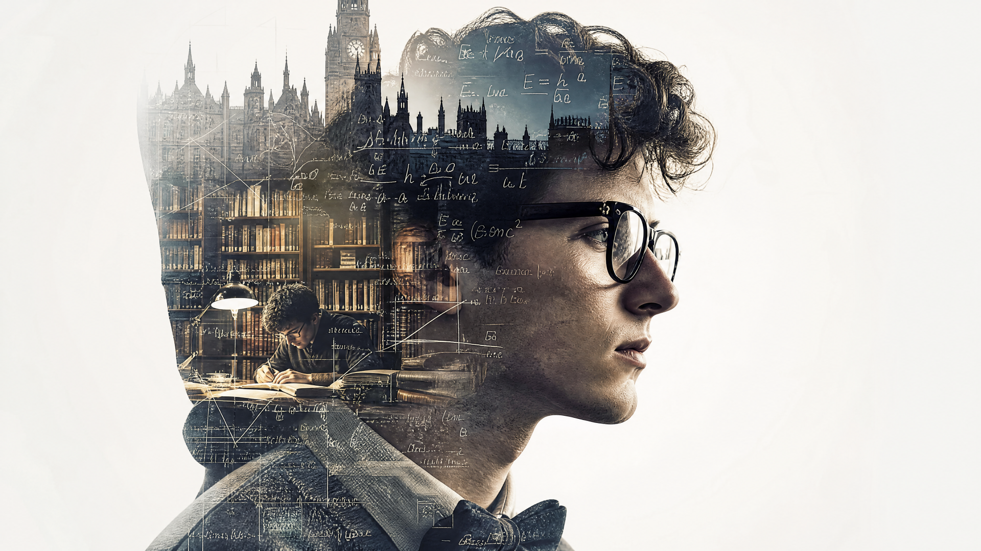 4K Ultra HD PC desktop wallpaper: nerd profile — bespectacled young man in bow tie with double-exposure of a London skyline, clocktower and chalked formulas.