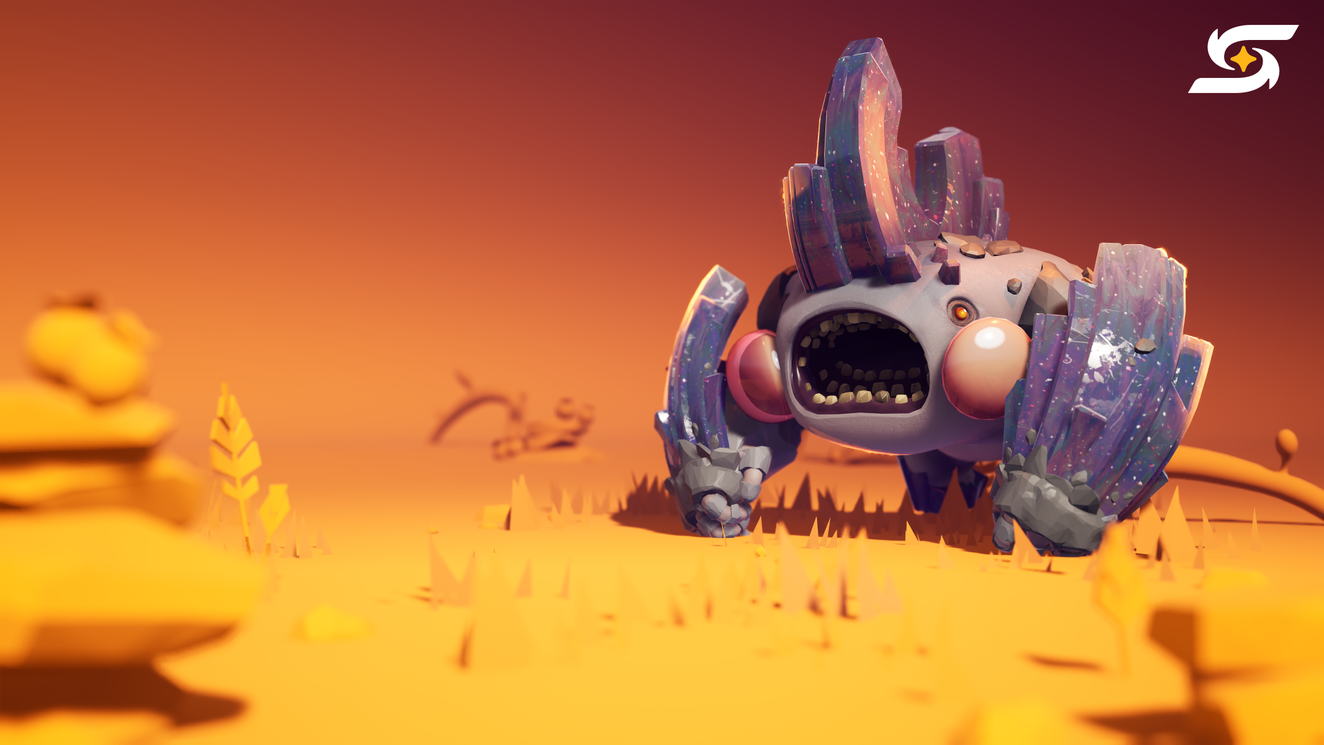 Video game Starseeker: Astroneer Expeditions 4K Ultra HD PC wallpaper showing a stylized mechanical alien creature walking across an orange, low-poly alien plain.