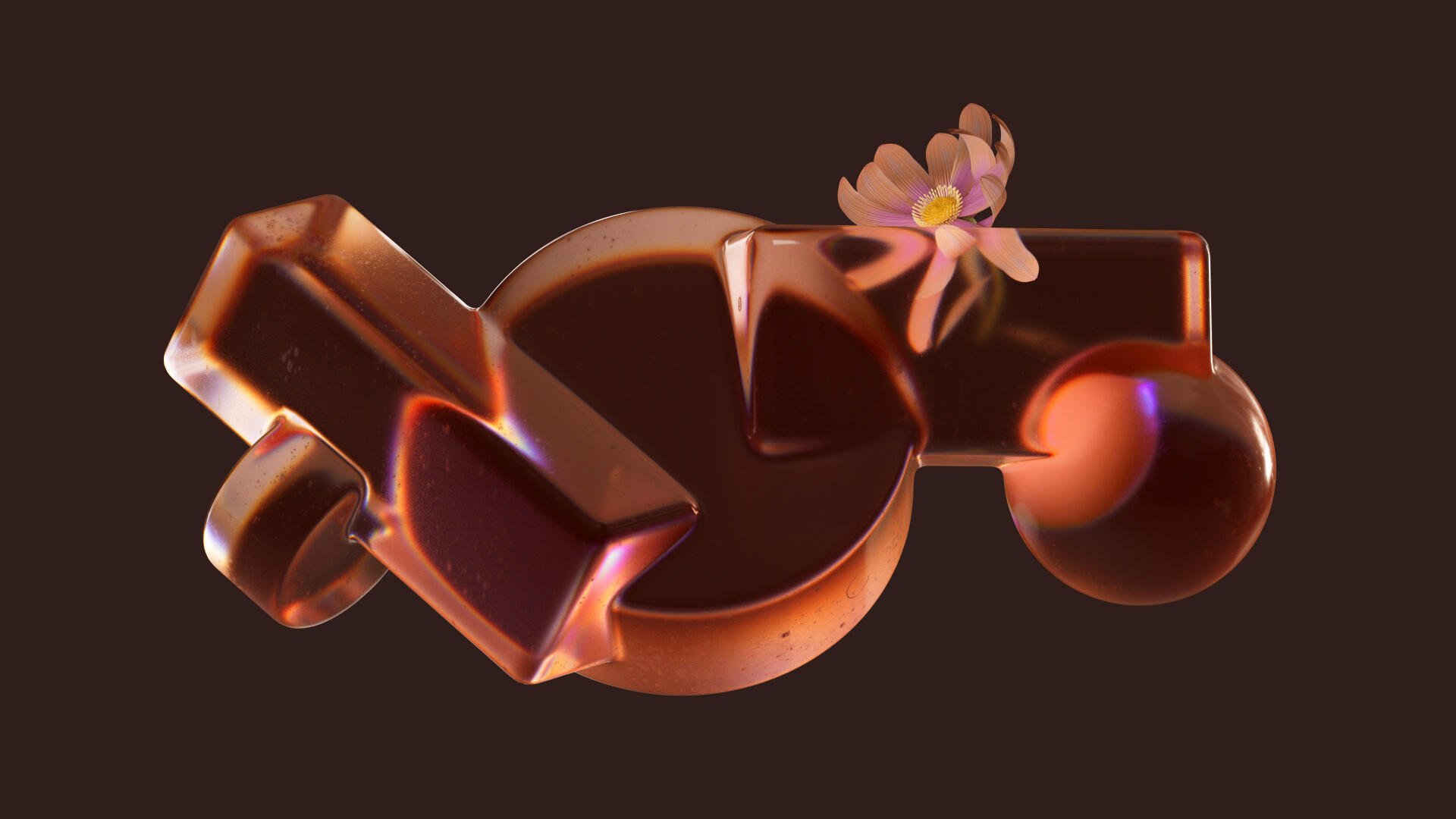 Microsoft Opaline 4K Ultra HD PC desktop wallpaper and background: glossy amber-copper opaline shapes with a small pink flower on a dark brown background.