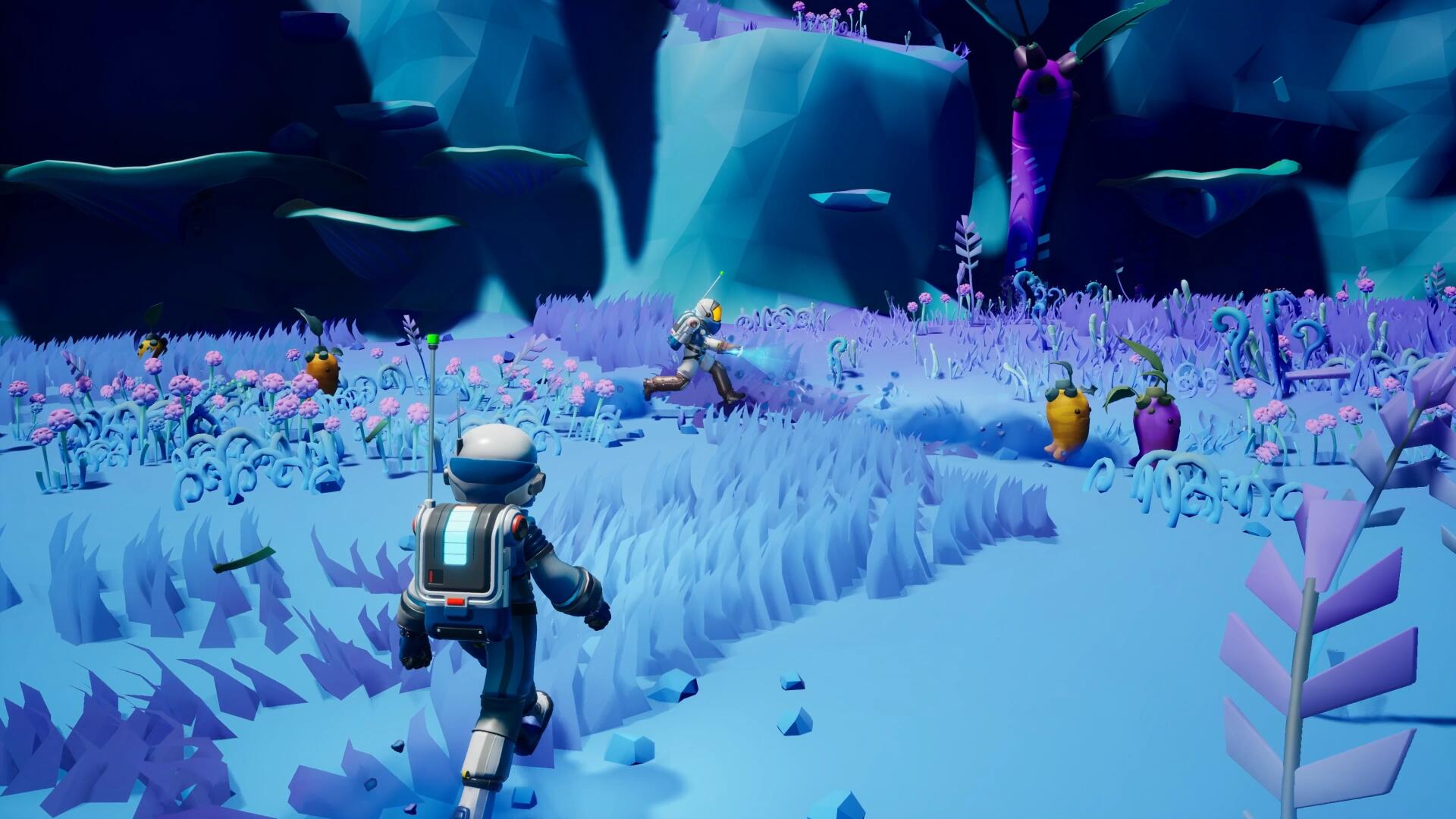 4K Ultra HD PC desktop wallpaper and background from the video game Starseeker: Astroneer Expeditions — two astronauts in suits explore a purple, bioluminescent alien landscape.