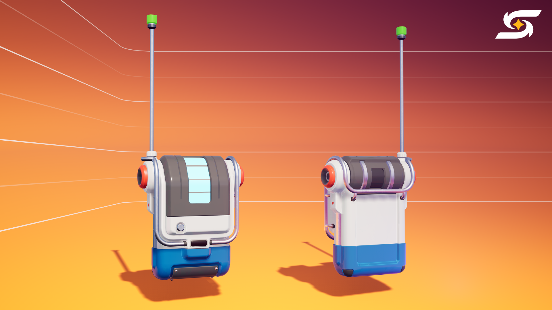 Video game 4K Ultra HD PC desktop wallpaper for Starseeker: Astroneer Expeditions — two compact beacon units with tall antennas standing on an orange gradient background, clean sci‑fi design.