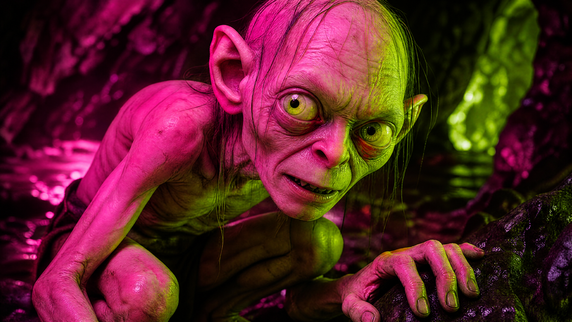 4K Ultra HD PC desktop wallpaper/background of Gollum crouched in a dark cave, gaunt pale skin and bulging eyes lit by eerie pink and green highlights.