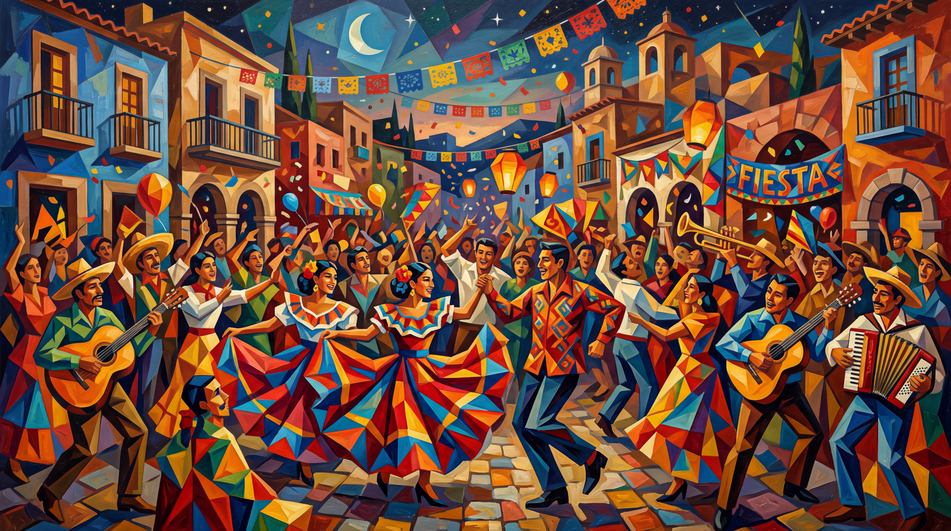 Vibrant fiesta street scene of dancers, guitarists, papel picado and lanterns under a moonlit sky — colorful 5K Ultra HD PC desktop wallpaper and background.