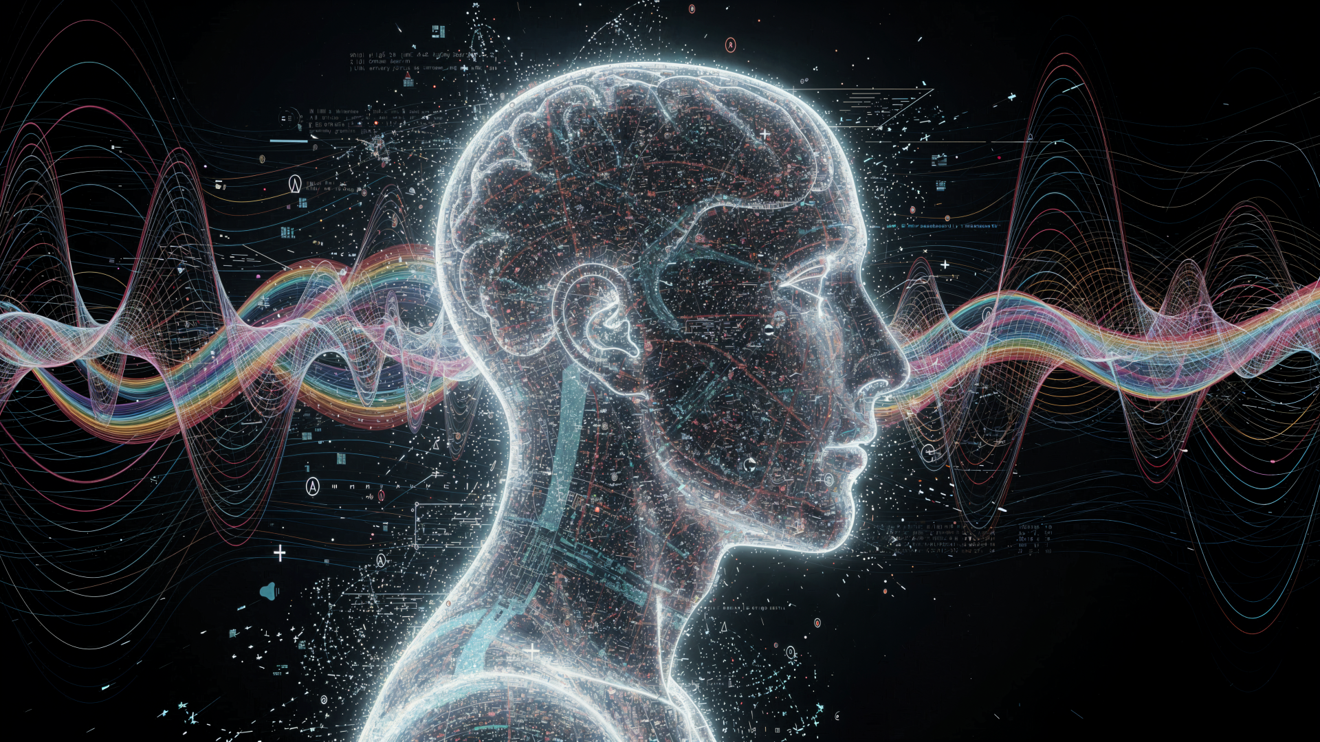 4K Ultra HD PC desktop wallpaper: glowing wireframe human head with illuminated brain circuitry and colorful waveform streams symbolizing mind upload and digital consciousness on a dark background.