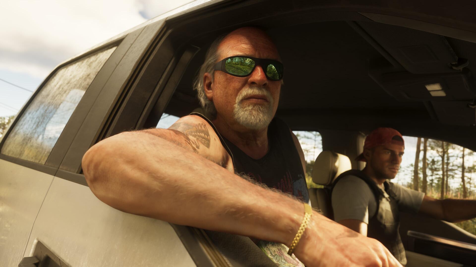 4K Ultra HD Grand Theft Auto VI PC wallpaper by Brian Heder: two tough-looking men in a car, one leaning out the open window.