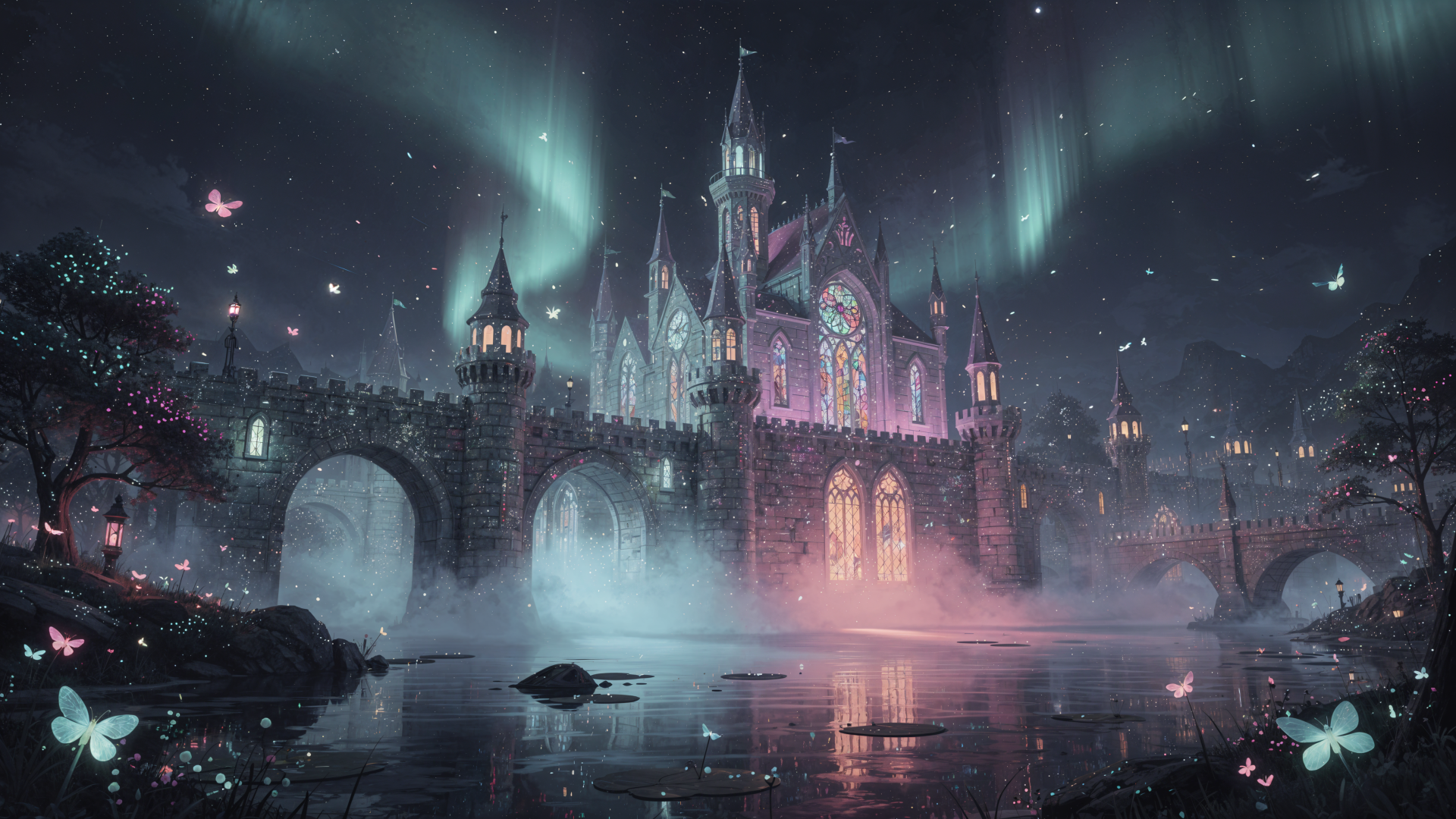 Enchanted castle beneath green auroras, misty lake reflections, glowing bridge and firefly lights — 4K Ultra HD PC desktop wallpaper and background.