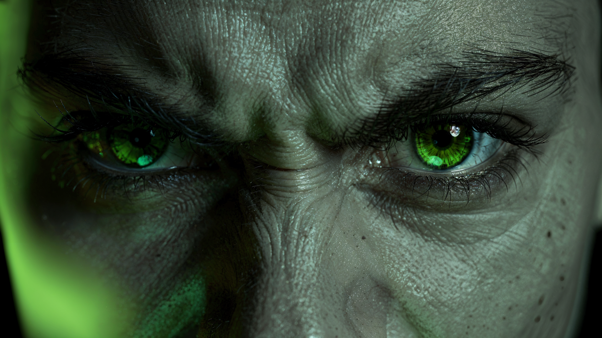 Close-up of angry eyes—intense green irises, furrowed brow and weathered skin; high-detail 4K Ultra HD PC desktop wallpaper background.
