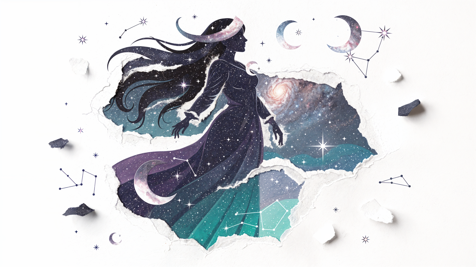 Cosmic goddess silhouette with flowing hair and a star-filled gown revealing galaxies, moons and constellations — 4K Ultra HD PC desktop wallpaper.