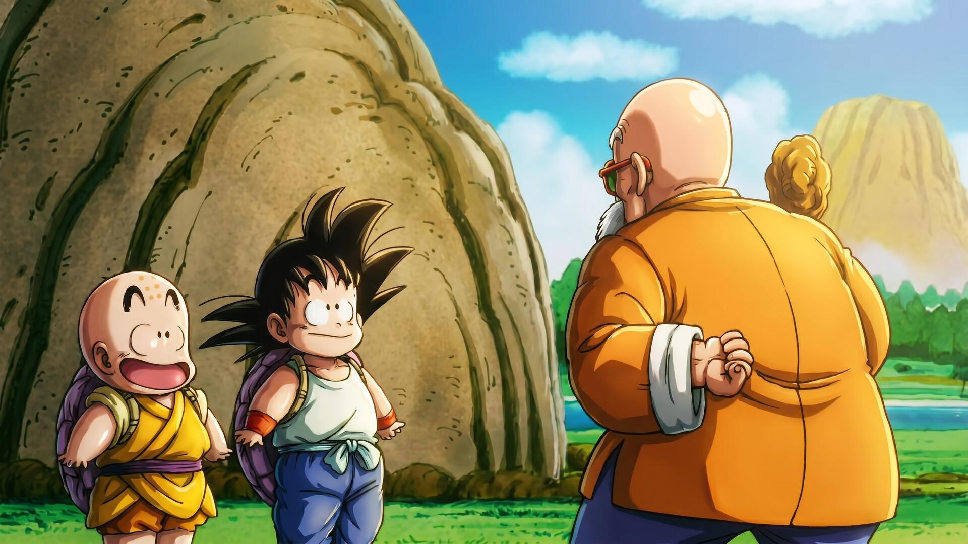 HD anime desktop wallpaper from Dragon Ball: young Goku and Krillin smile at Master Roshi against grassy hills and a bright blue sky.