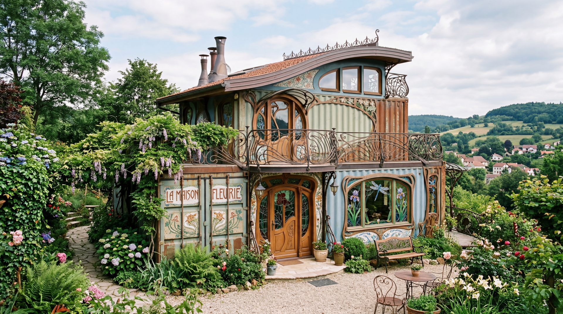 5K Ultra HD PC desktop wallpaper of a whimsical container house with ornate wooden trim, lush flowering garden, wrought-iron balcony, and rolling hills under a bright sky.