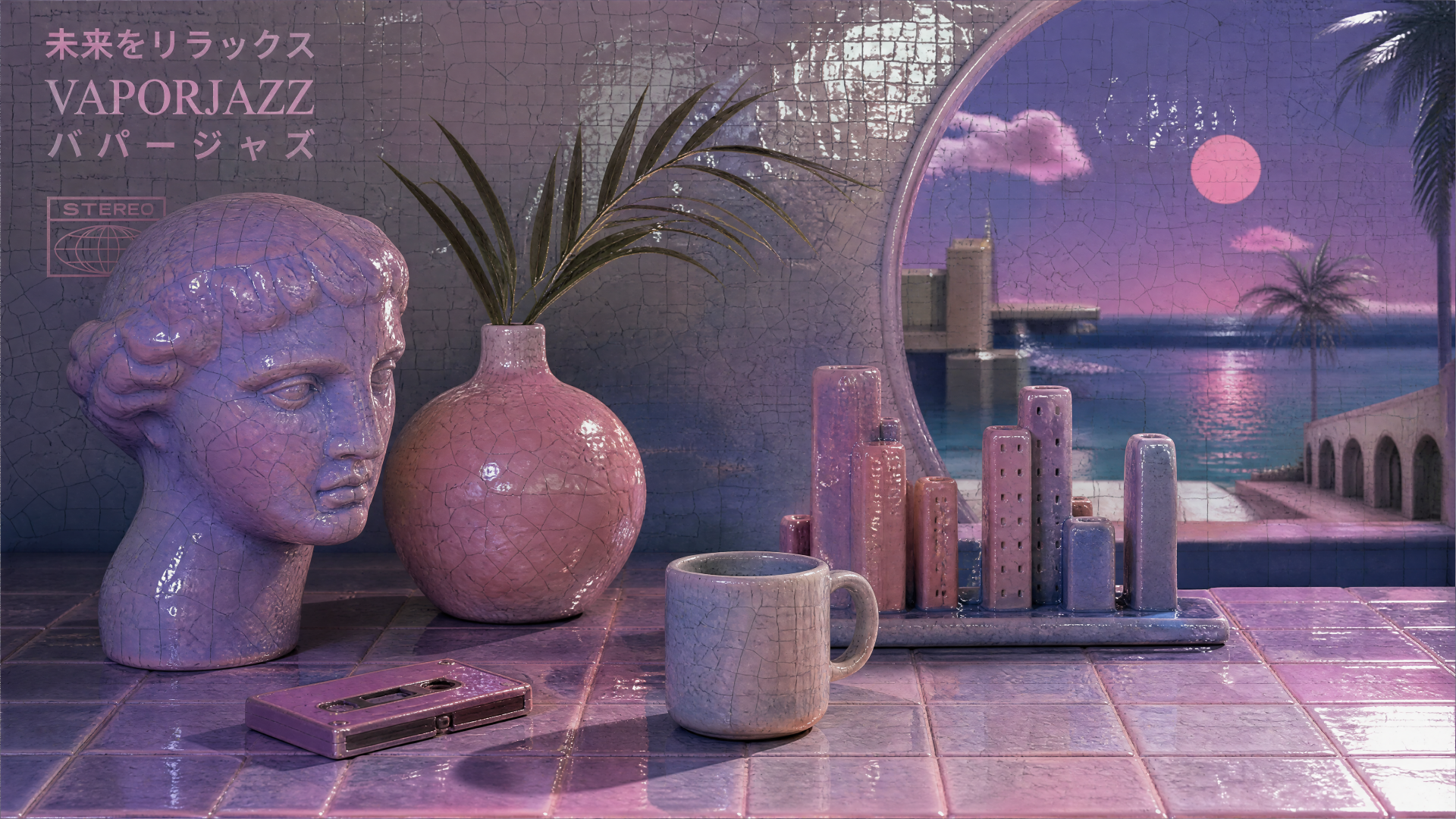 Vaporjazz 4K Ultra HD PC desktop wallpaper: pastel-retro scene with a classical bust, vase and mug on tiled table, miniature neon city by arch framing pink moon over ocean.