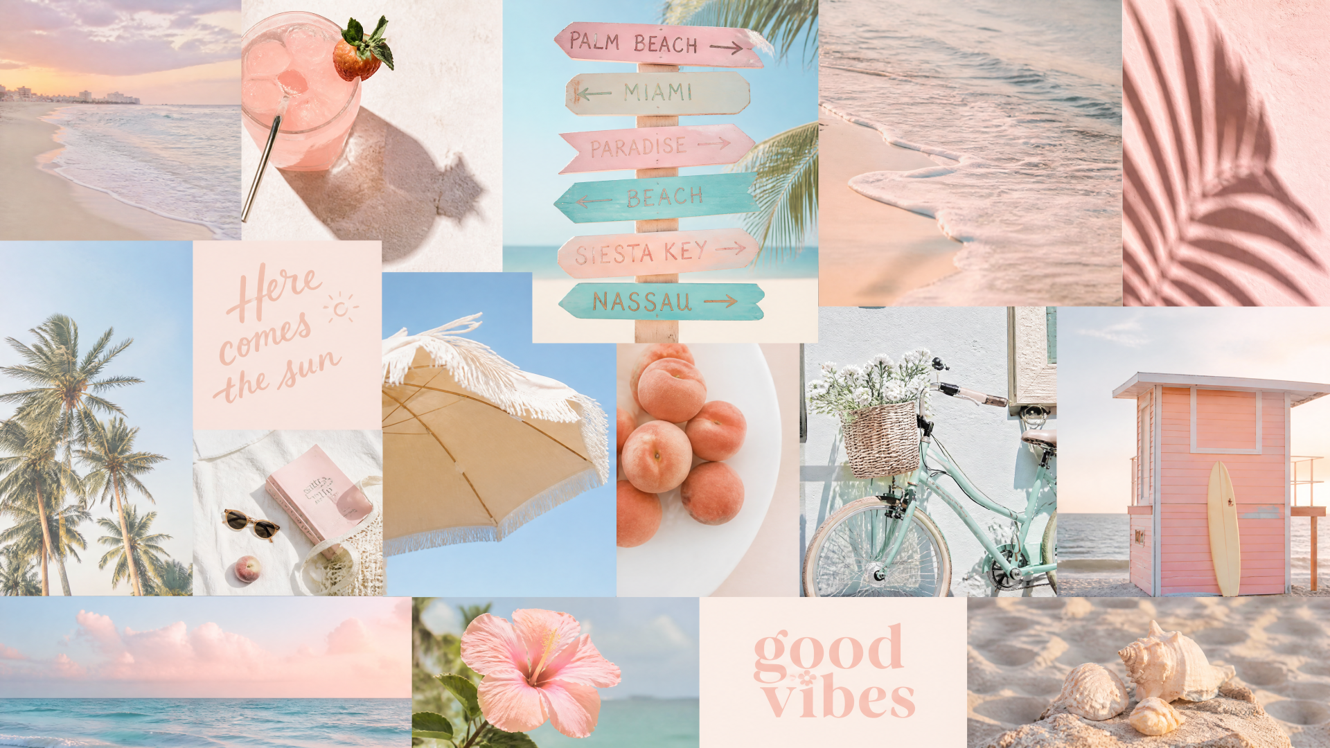 Pastel summer 4K Ultra HD PC desktop wallpaper: soft pink and blue collage of beach scenes, palm leaves, umbrella, ice cream, bicycle, peaches, hibiscus and good vibes sign.