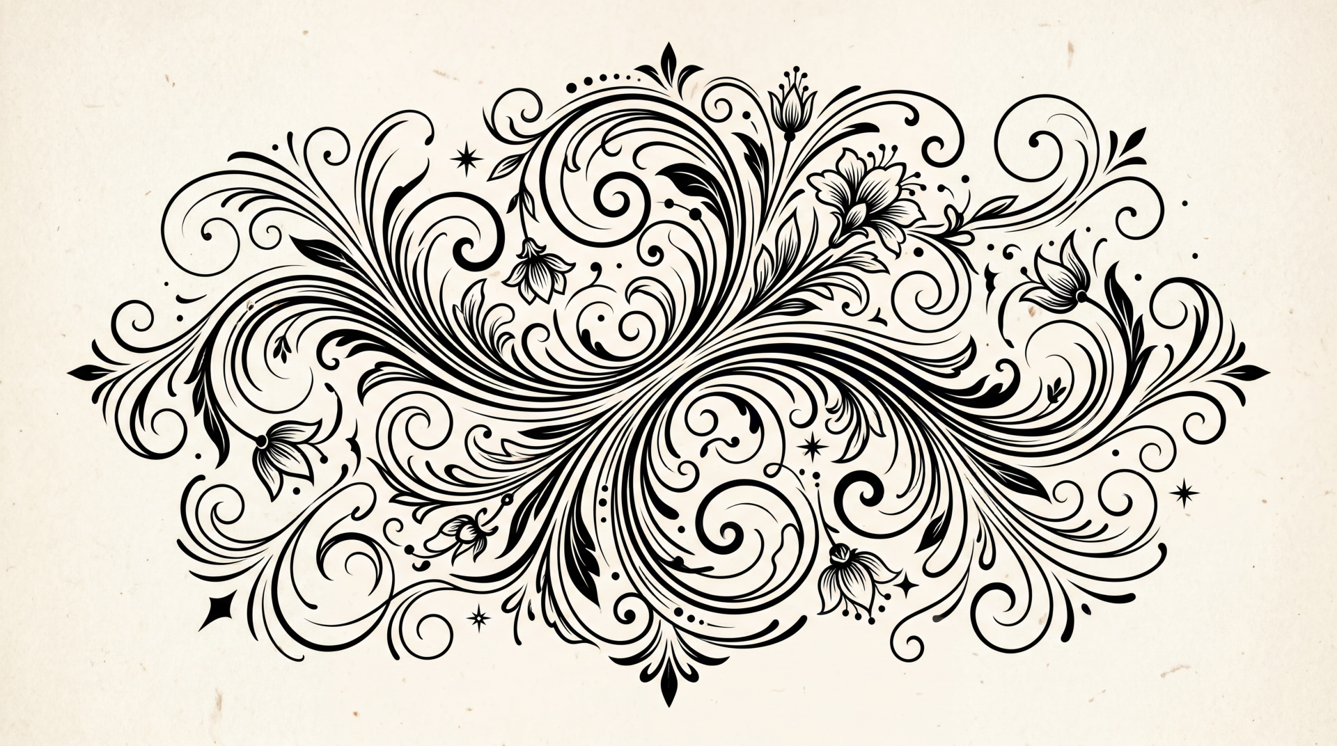Artistic vector flourish of ornate black swirls, flowers and stars on a light background — 5K Ultra HD PC desktop wallpaper and background.