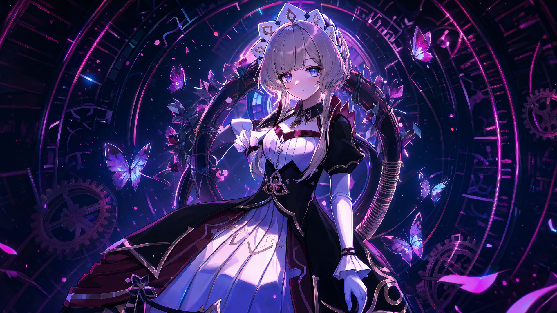Sandrone (Genshin Impact) in gothic maid attire amid glowing purple butterflies and clockwork sigils — 4K Ultra HD PC desktop wallpaper and background.