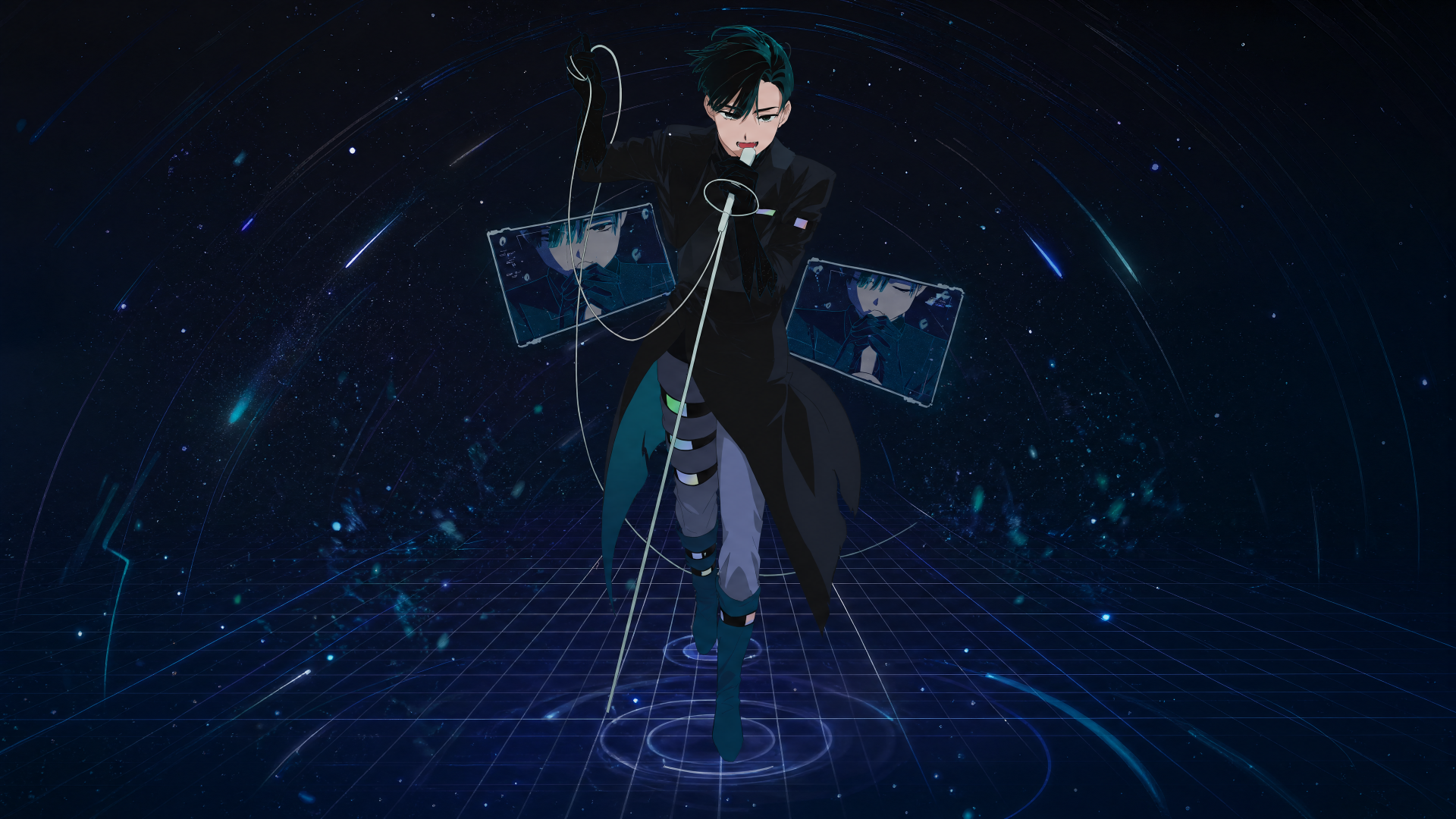 Alien Stage 4K Ultra HD PC desktop wallpaper: lone futuristic performer in dark coat on a holographic circular stage, floating map screens and a starry sci‑fi backdrop.