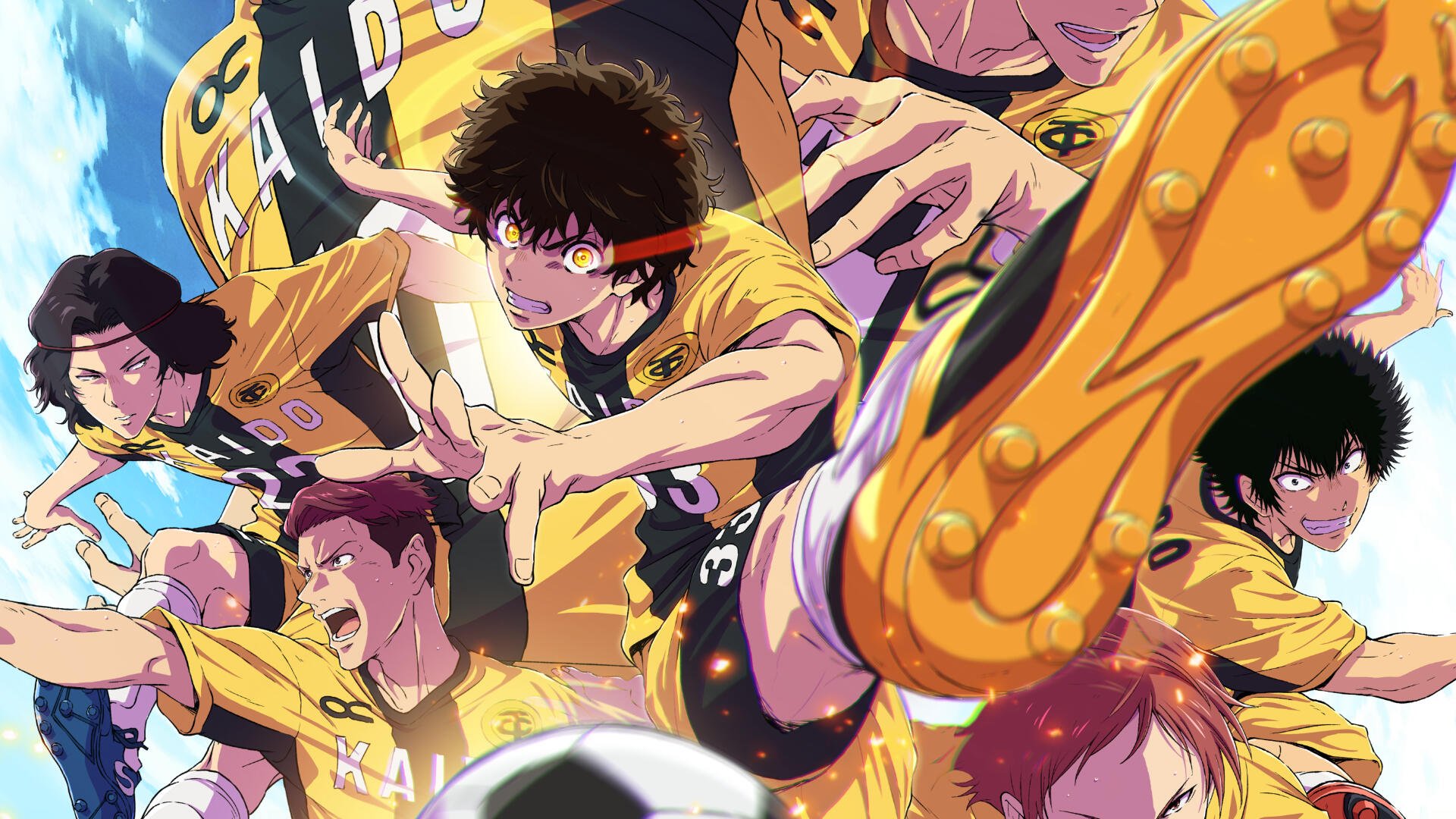 Aoashi anime HD PC desktop wallpaper/background: energetic soccer team in yellow kits diving toward a ball in a vibrant, action-packed scene.