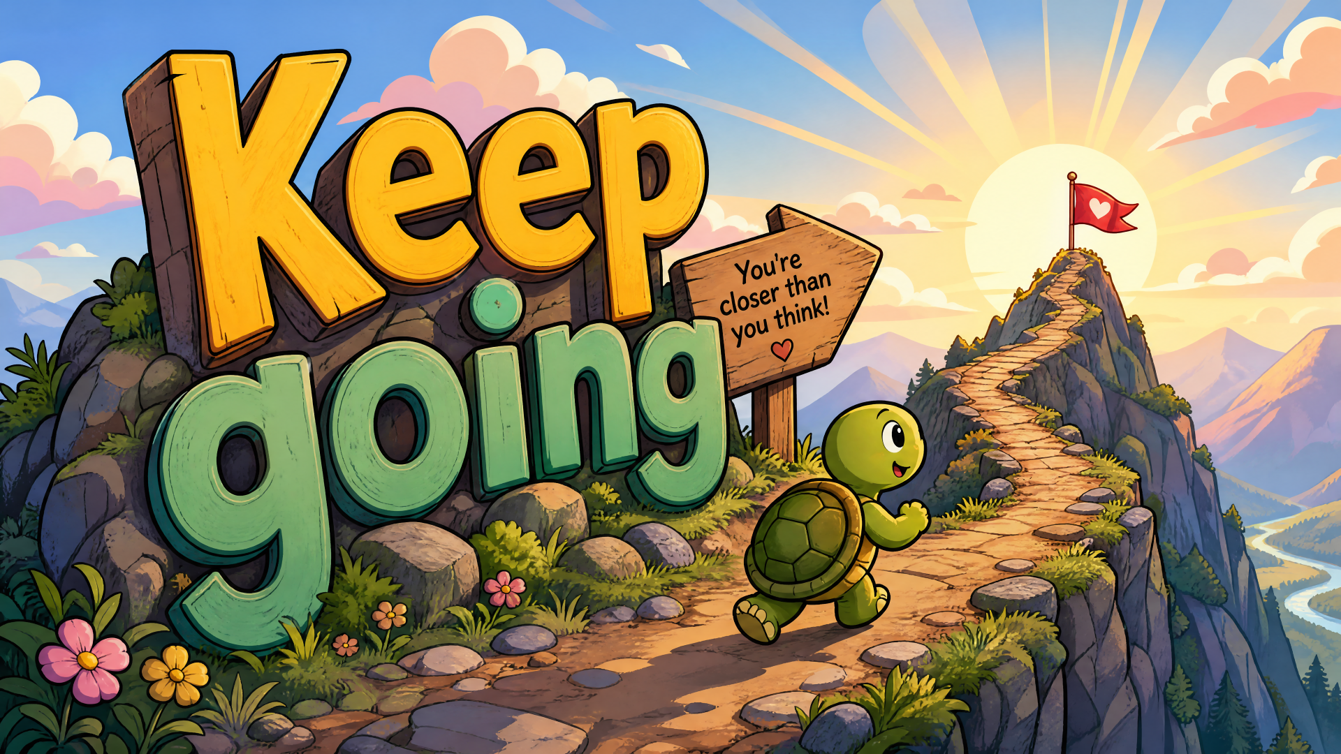 Cartoon turtle climbing a sunlit mountain path under giant Keep going letters and a You're closer than you think sign — 4K Ultra HD PC desktop wallpaper background.