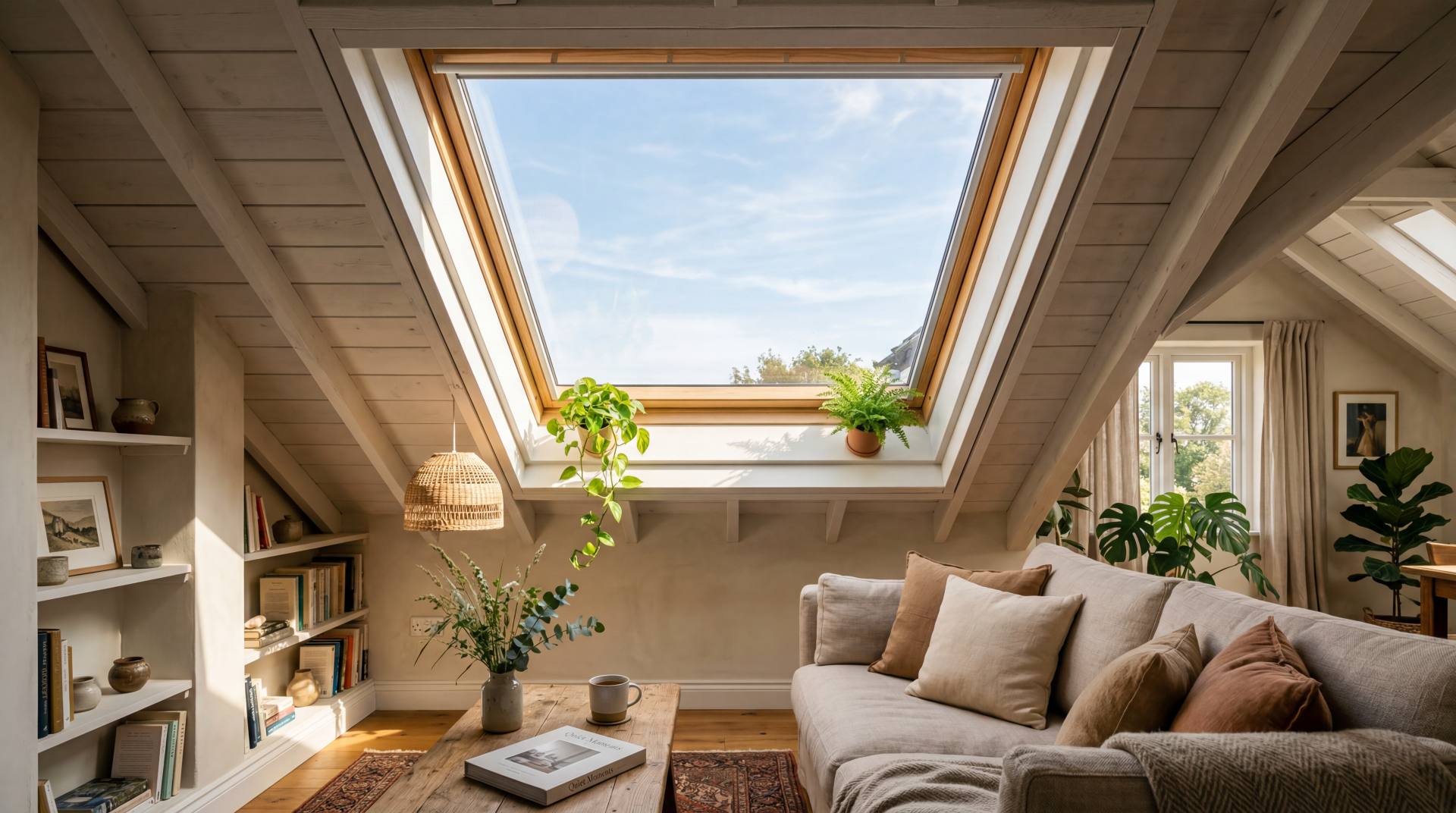 Cozy attic living room with a large skylight showing blue sky, houseplants, sofa and books — 5K Ultra HD PC desktop wallpaper and background.