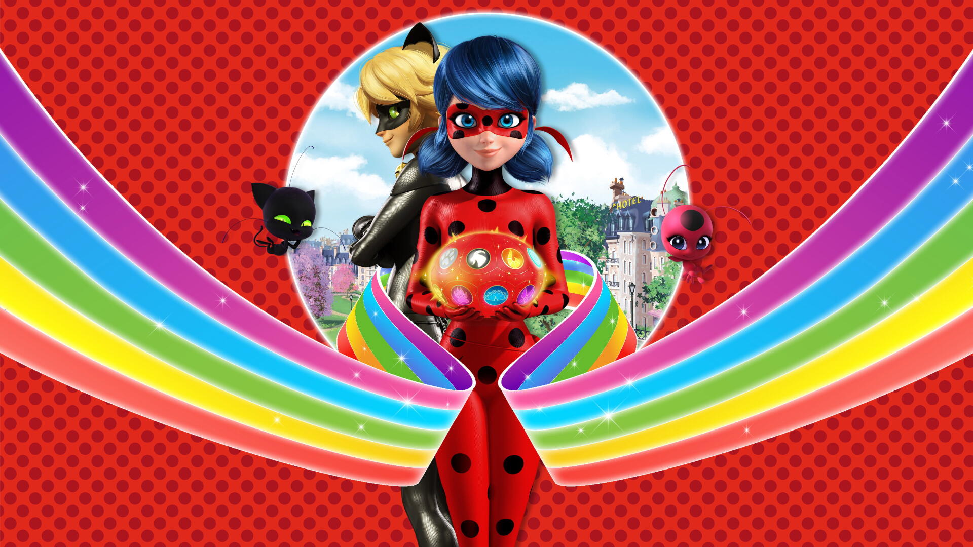 Miraculous Ladybug 4K Ultra HD PC desktop wallpaper: Ladybug center holding a glowing Miraculous, Cat Noir and kwamis nearby, rainbow ribbons sweeping over a red polka-dot city backdrop.