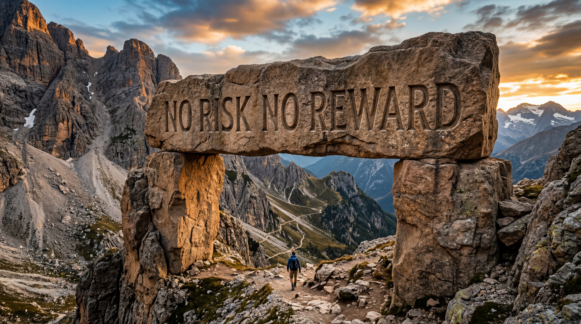 5K Ultra HD PC desktop wallpaper and background of a lone hiker beneath a stone arch engraved NO RISK NO REWARD, framed by jagged mountain peaks, glowing sunset clouds, and a deep alpine valley.