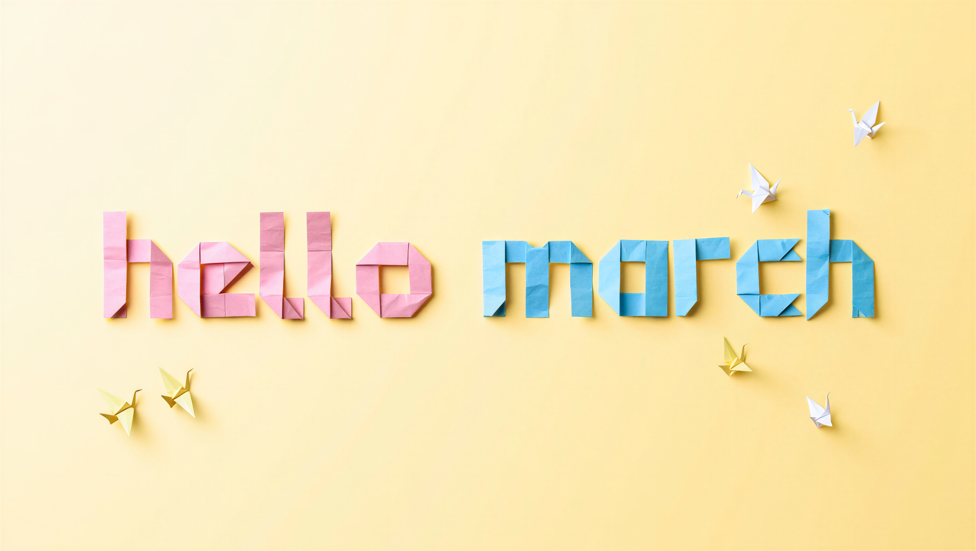 5K Ultra HD PC desktop wallpaper: hello march spelled in pink and blue origami letters on a soft yellow background with small paper cranes.