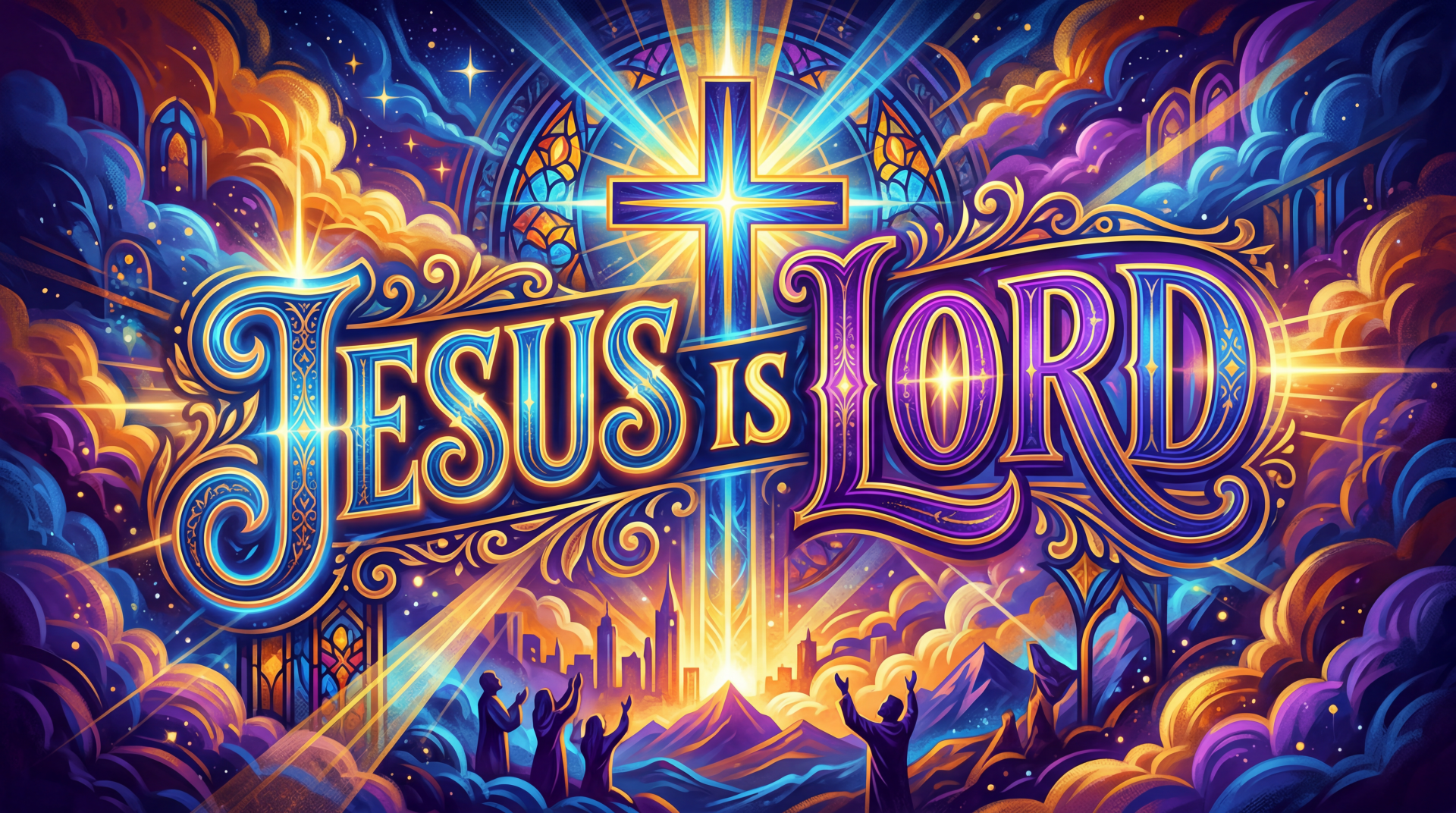 Vibrant 5K Ultra HD PC desktop wallpaper: luminous cross and ornate Jesus is Lord lettering amid stained-glass rays, radiant clouds, and worshipping silhouettes over a glowing skyline.